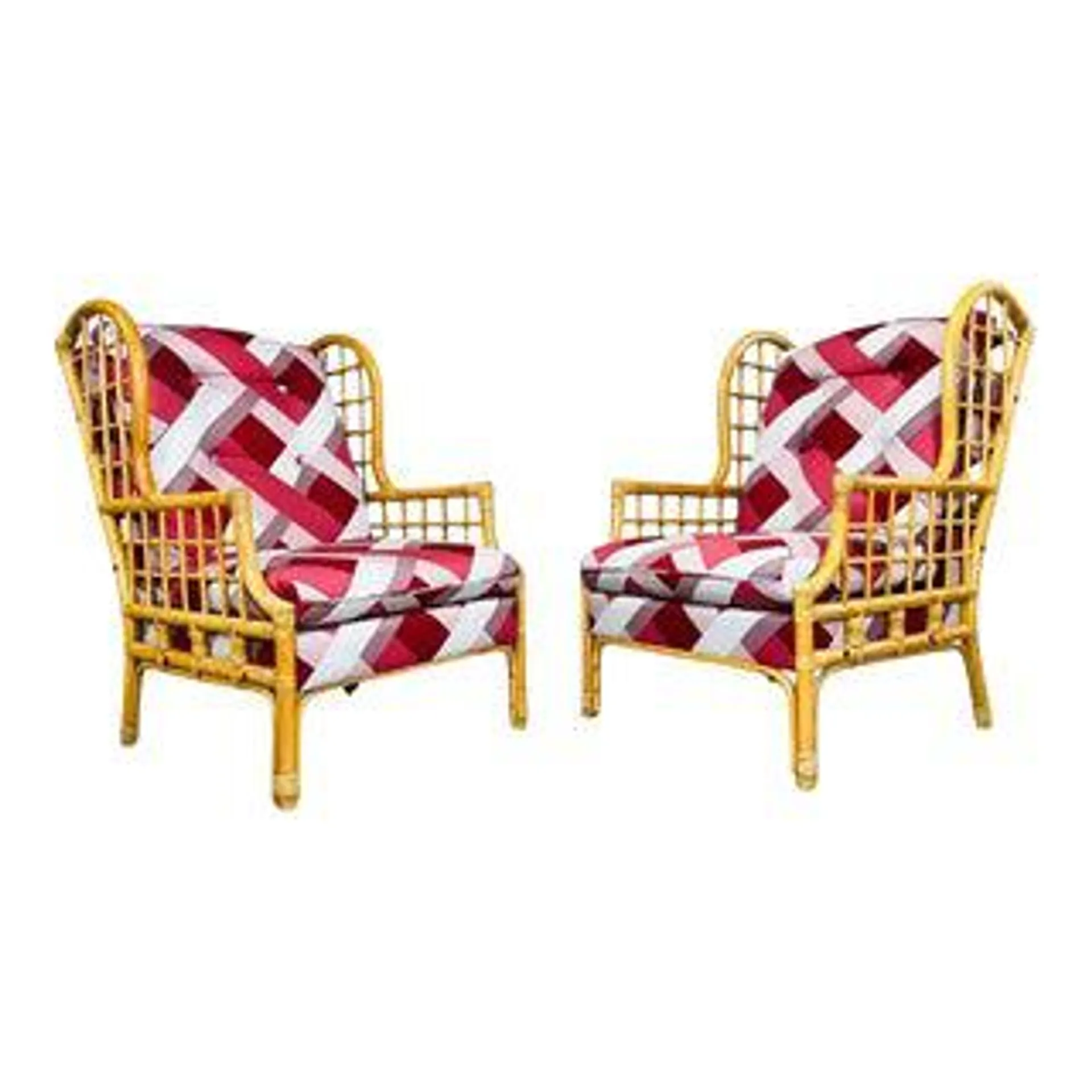 Pair of Vintage McGuire Style Bamboo & Rattan Wingback Arm Chairs With Cushions