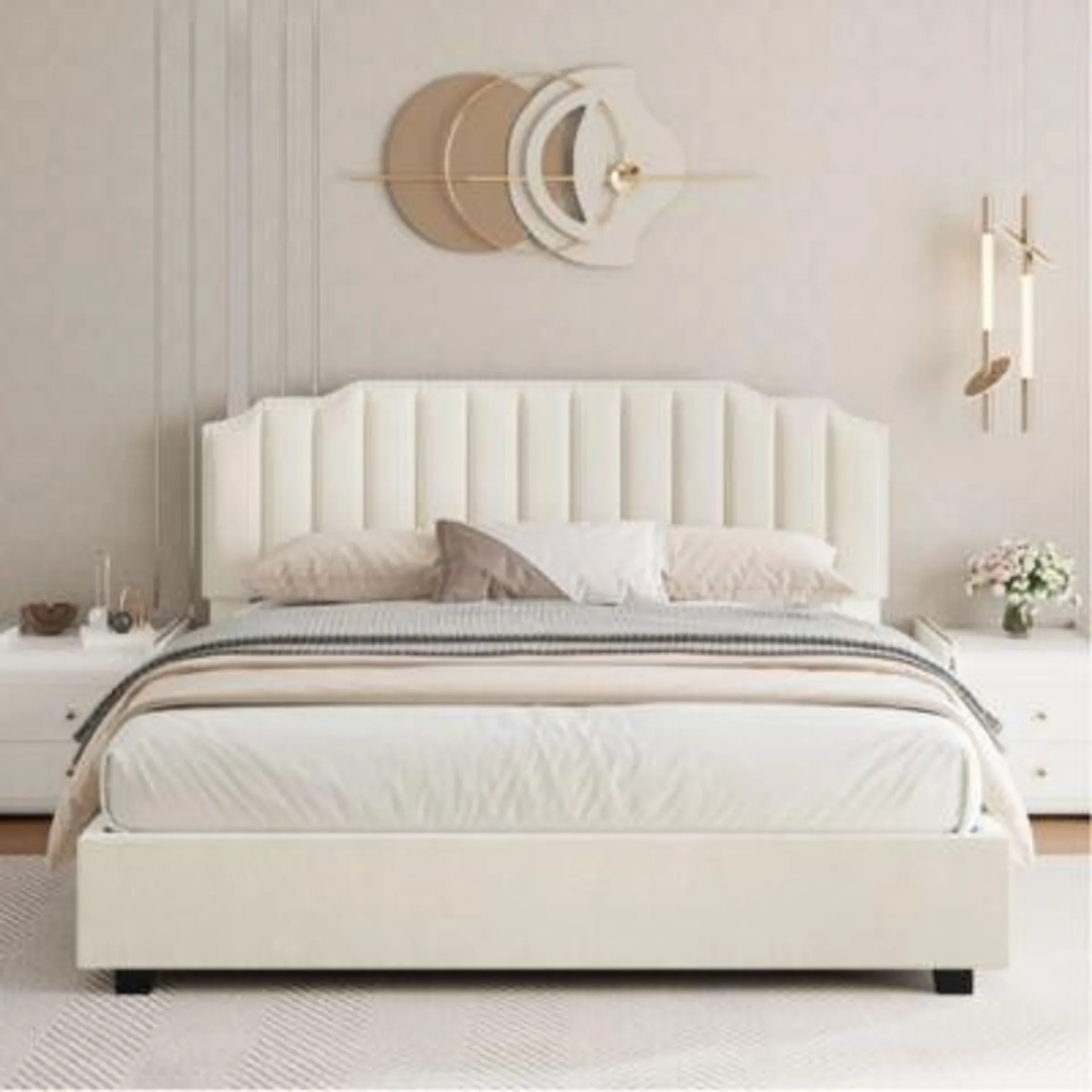 Streamdale Furniture Lift Up Velvet Beige Queen Size Bed