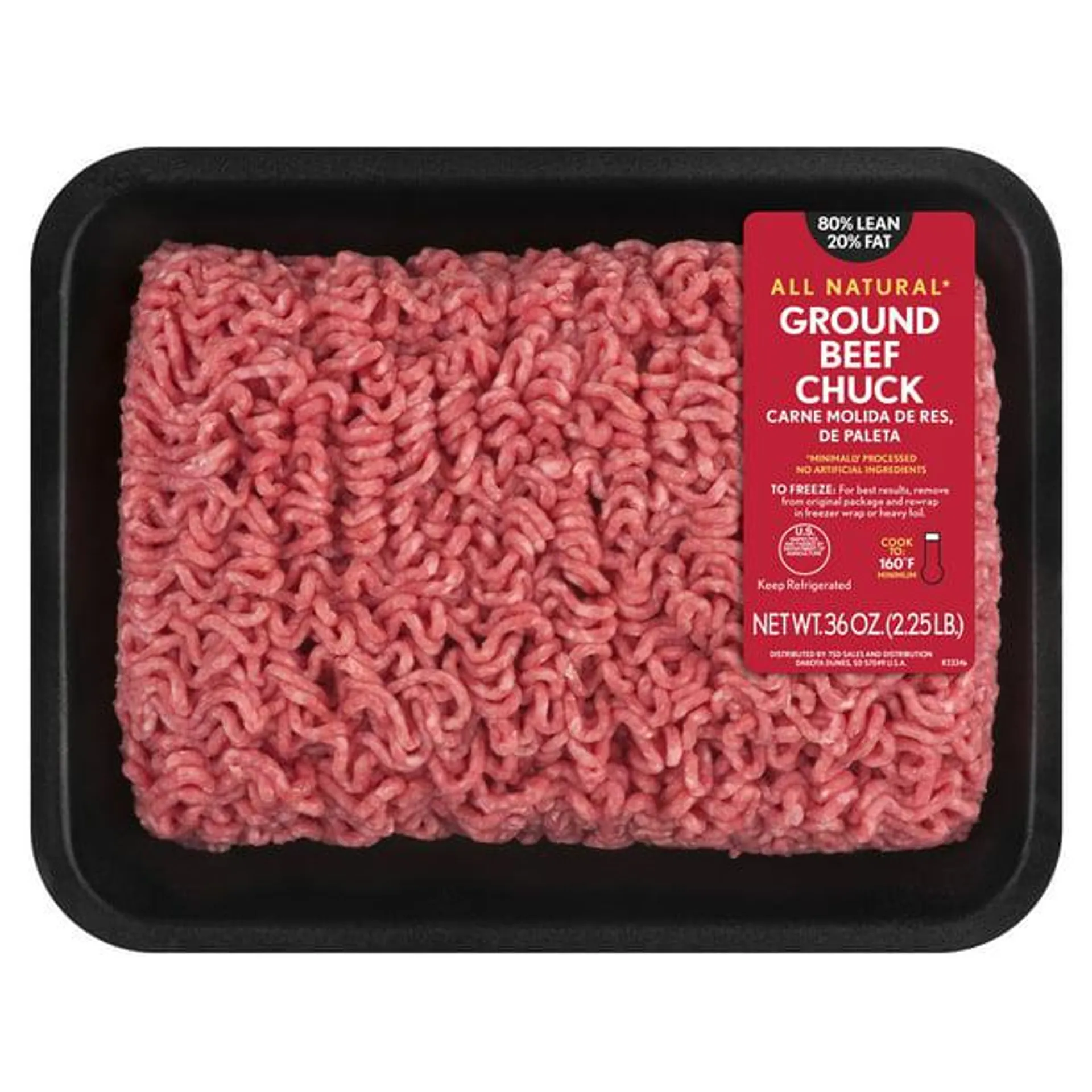 All Natural* 80% Lean/20% Fat Ground Beef Chuck, 2.25 lb Tray