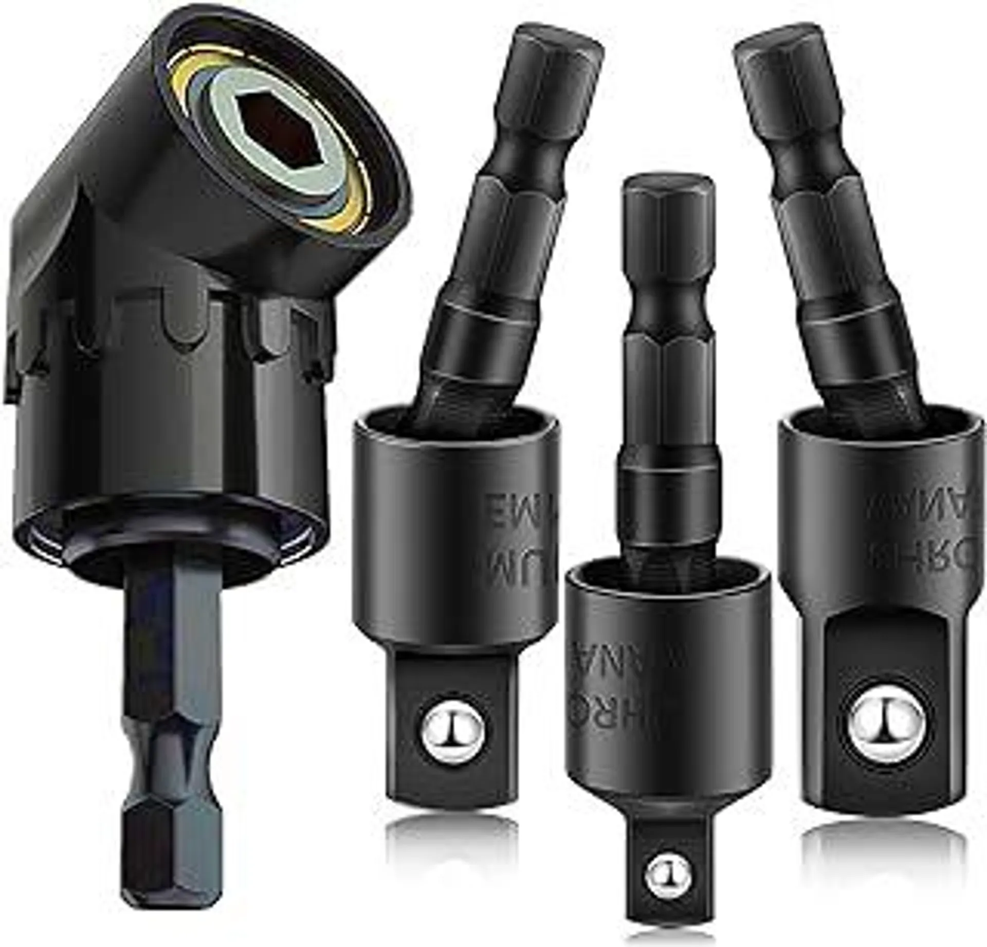 Right Angle Drill Adaptor,4-in-1 Impact Drill Bit Extension,360° Rotatable 1/4 3/8 1/2" Impact Grade Socket Adapter Set,105 Degree Angle Screwdriver Drill Bit for Household Workplace Industry