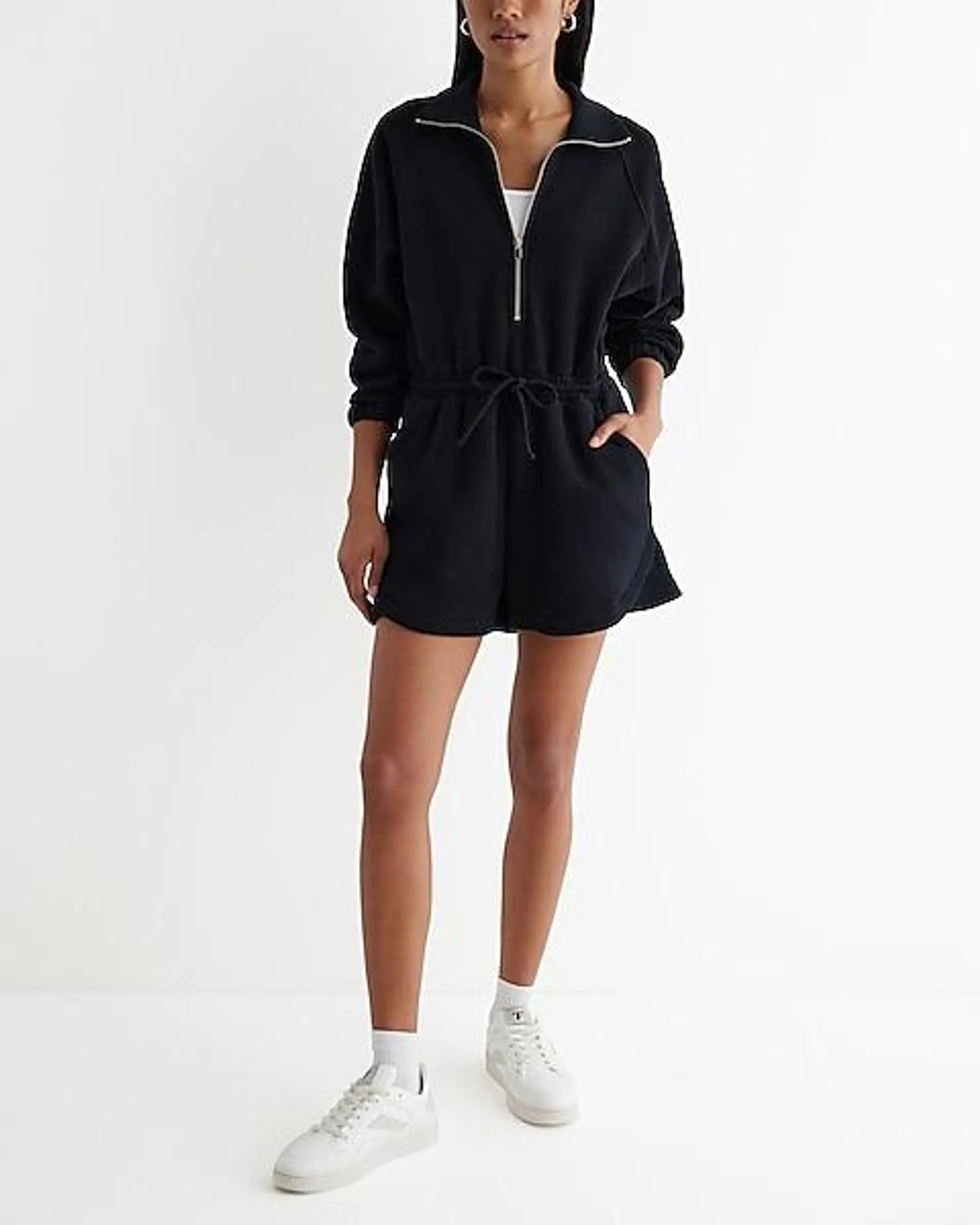 Quarter Zip Tie Waist Fleece Romper