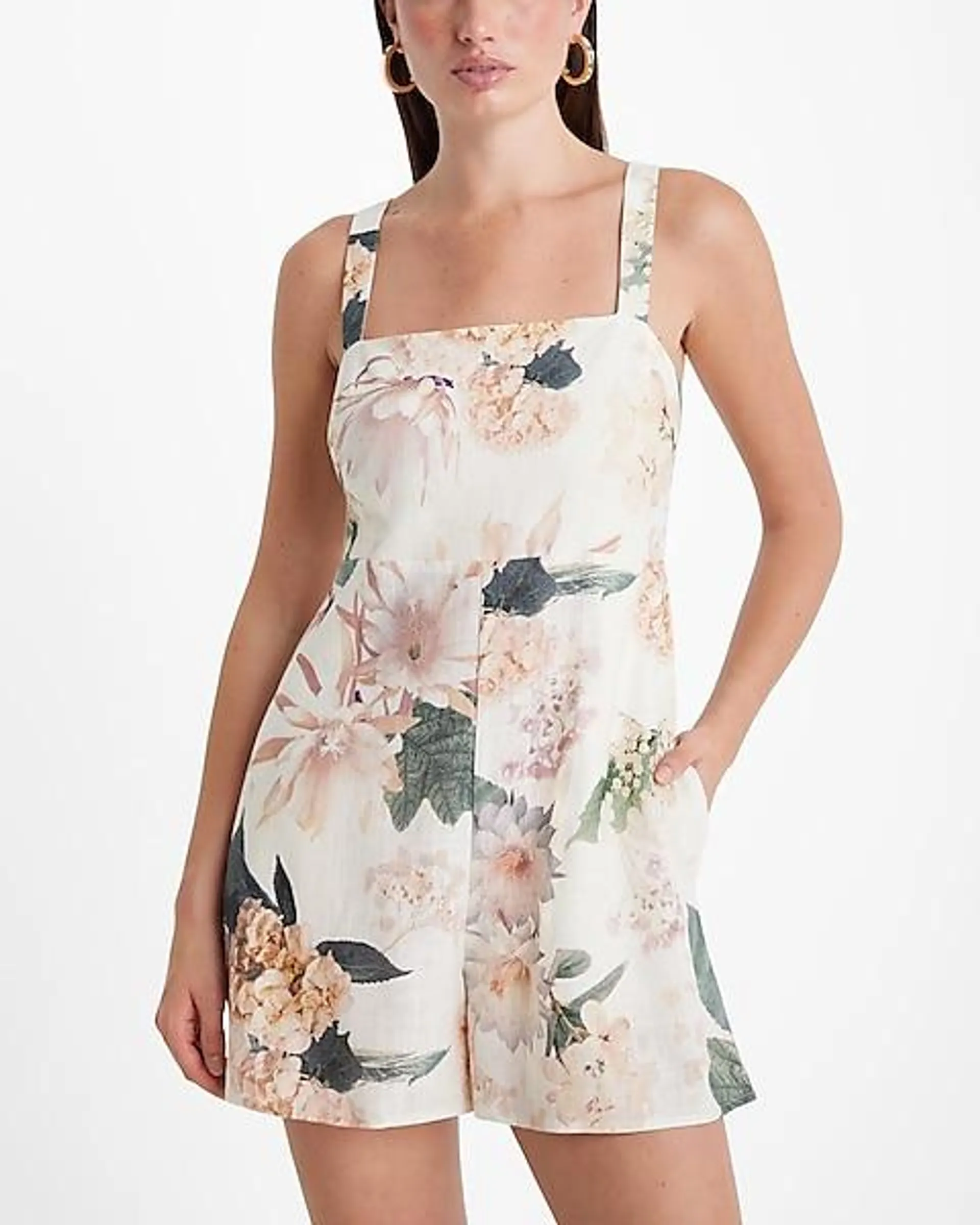 Linen-Blend Floral Square Neck Sleeveless Romper