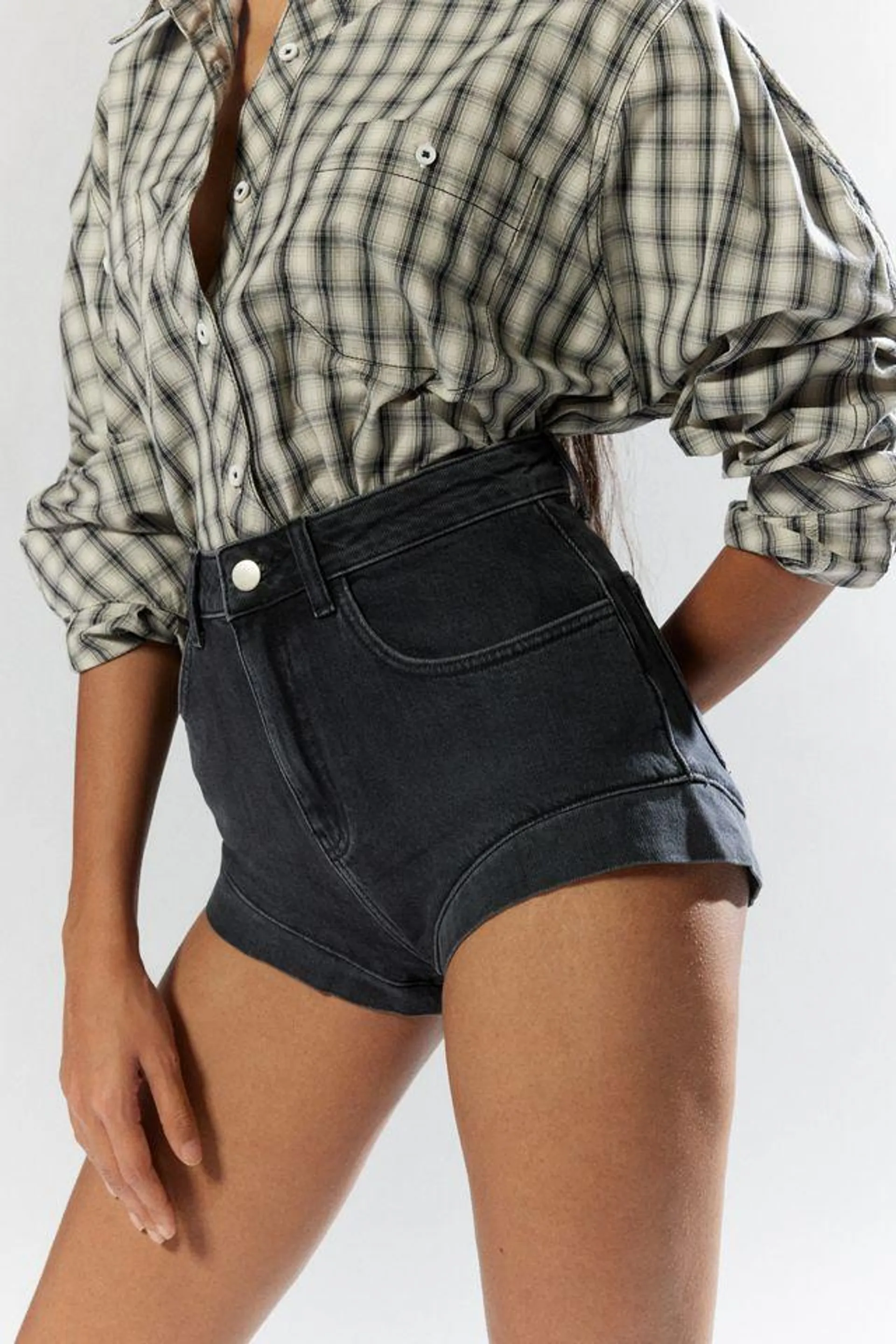 Silence + Noise High-Waisted Curved Hem Denim Micro Short