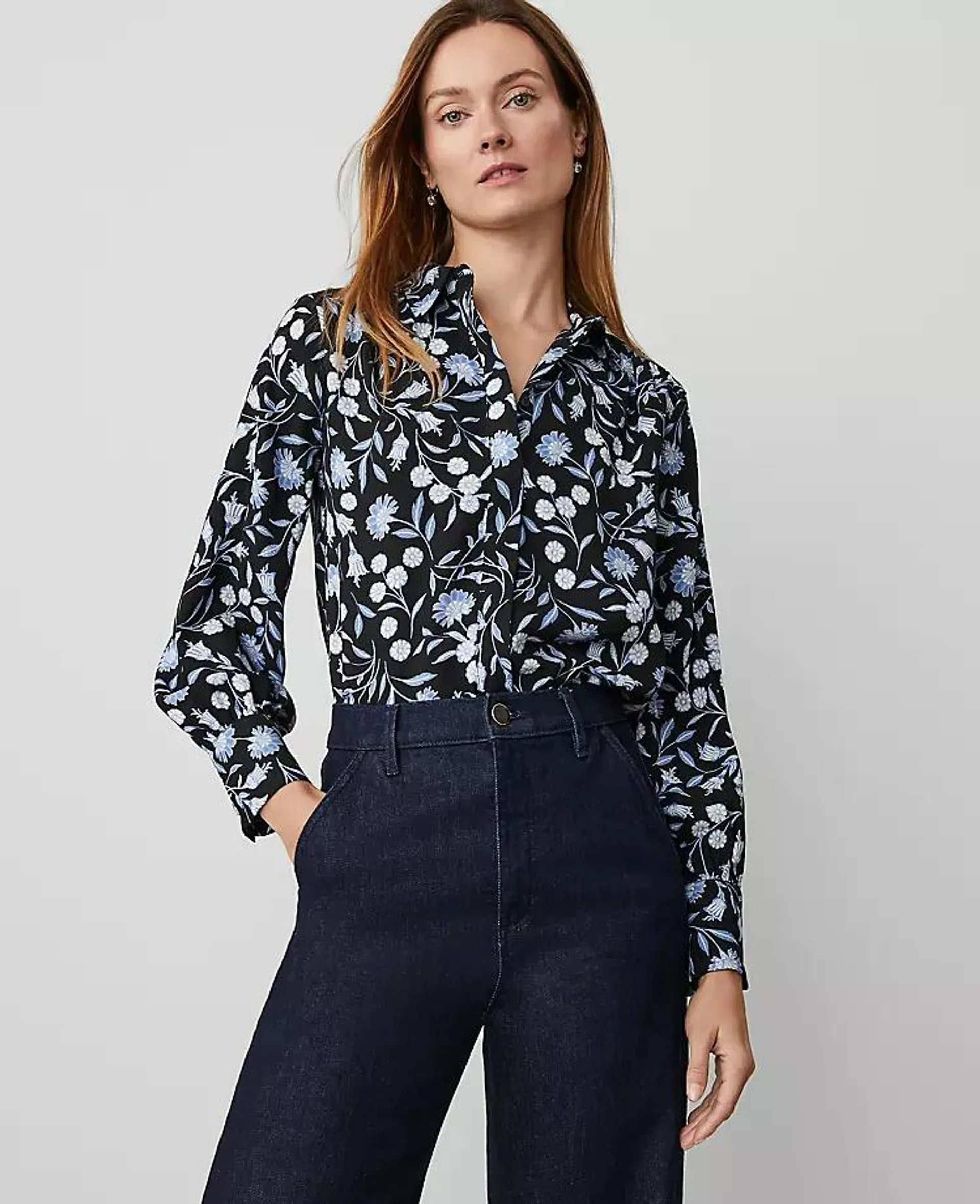 Floral Collared Shirred Yoke Button Down Shirt