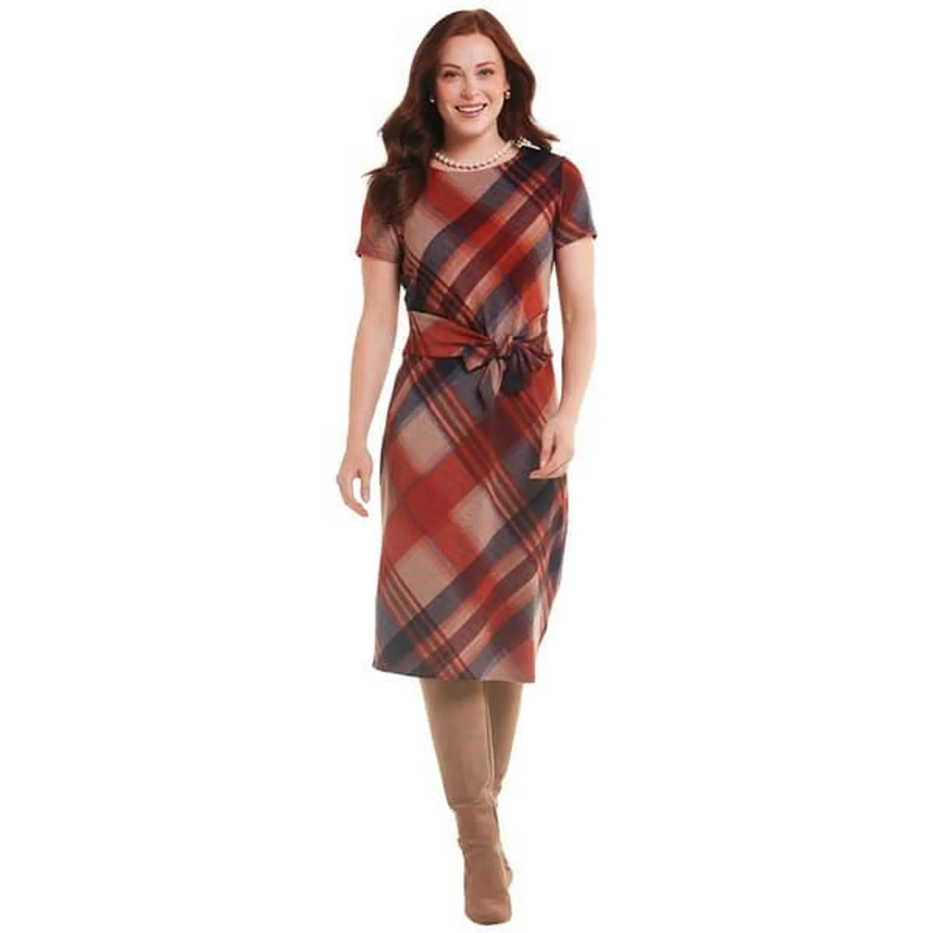 Womens Madison Leigh Short Sleeve Plaid Tie Waist Shift Dress