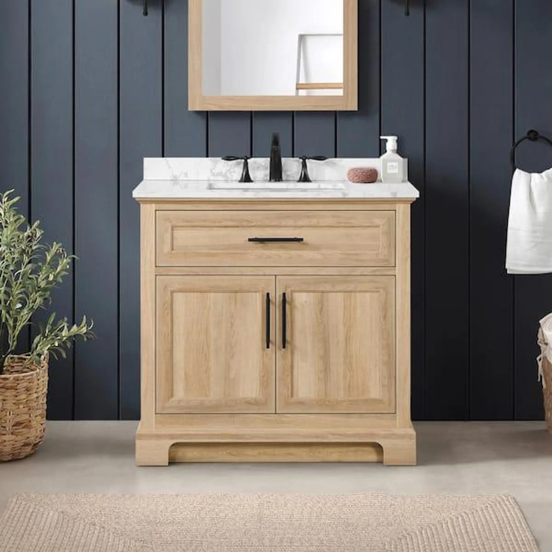 Doveton 36 in. Single Sink Freestanding Weathered Tan Bath Vanity with White Engineered Marble Top (Assembled)