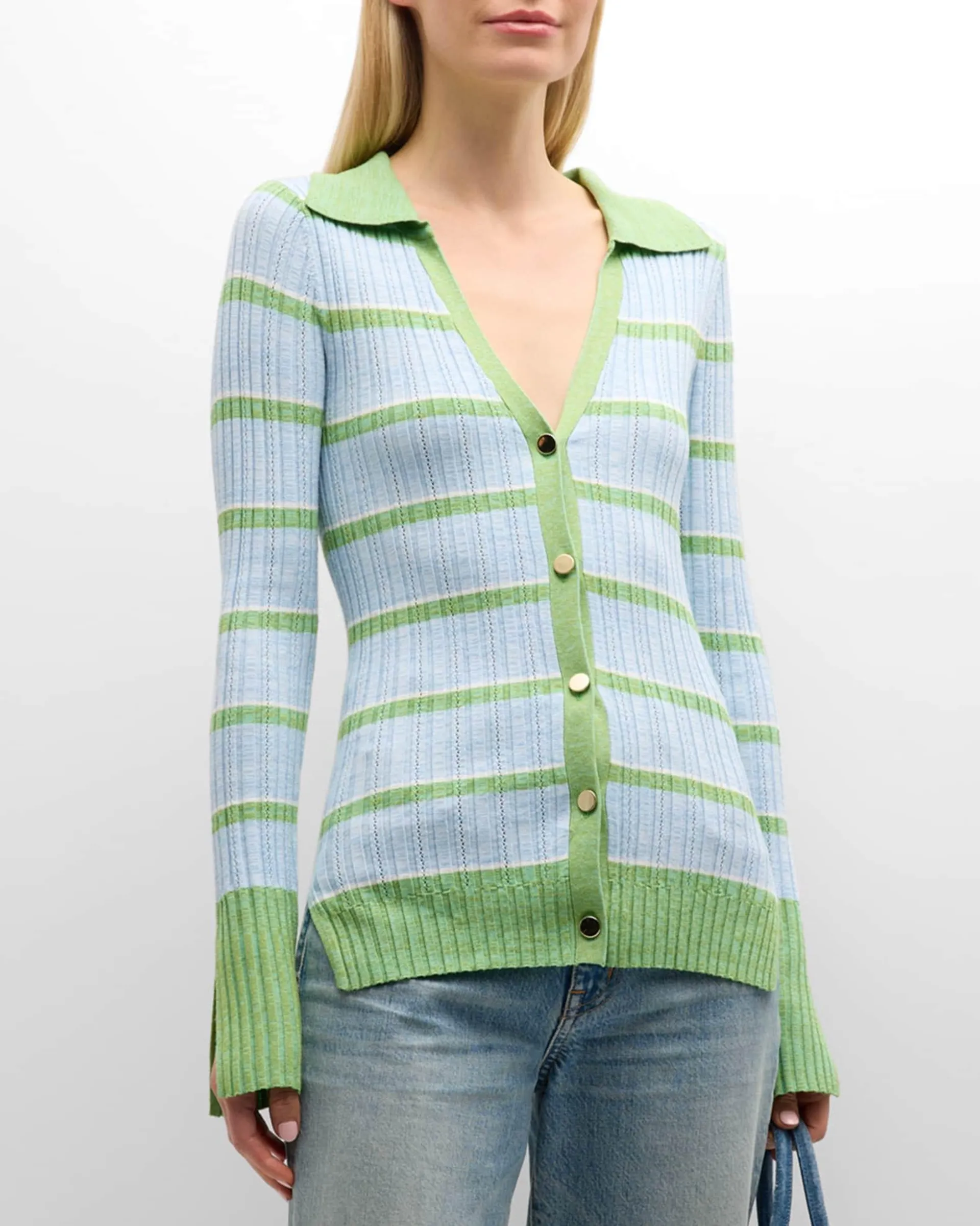 Raya Stripe Knit Button-Front Sweater