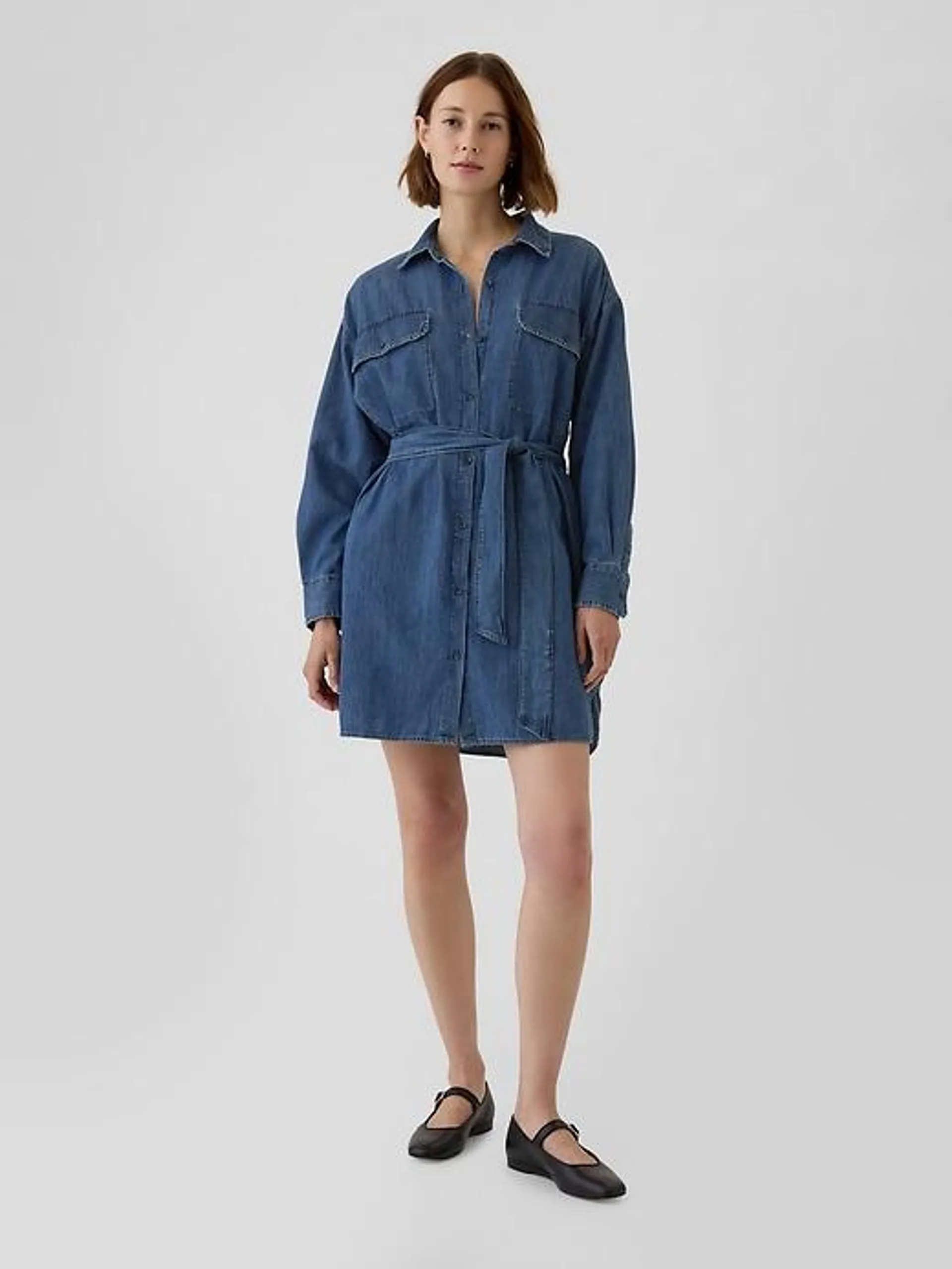 Belted Denim Mini Shirtdress