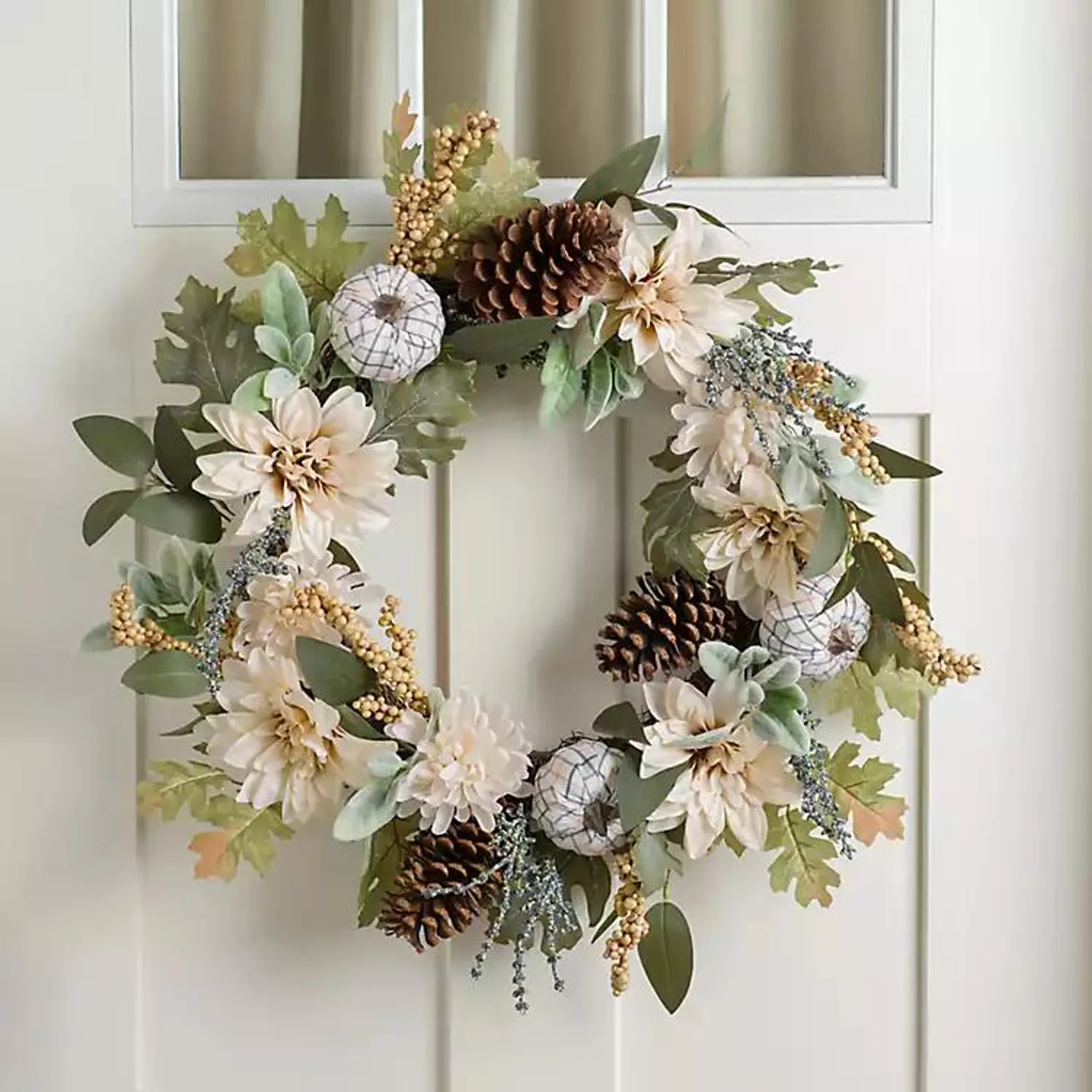 Cream Dahlia and Plaid Pumpkin Wreath