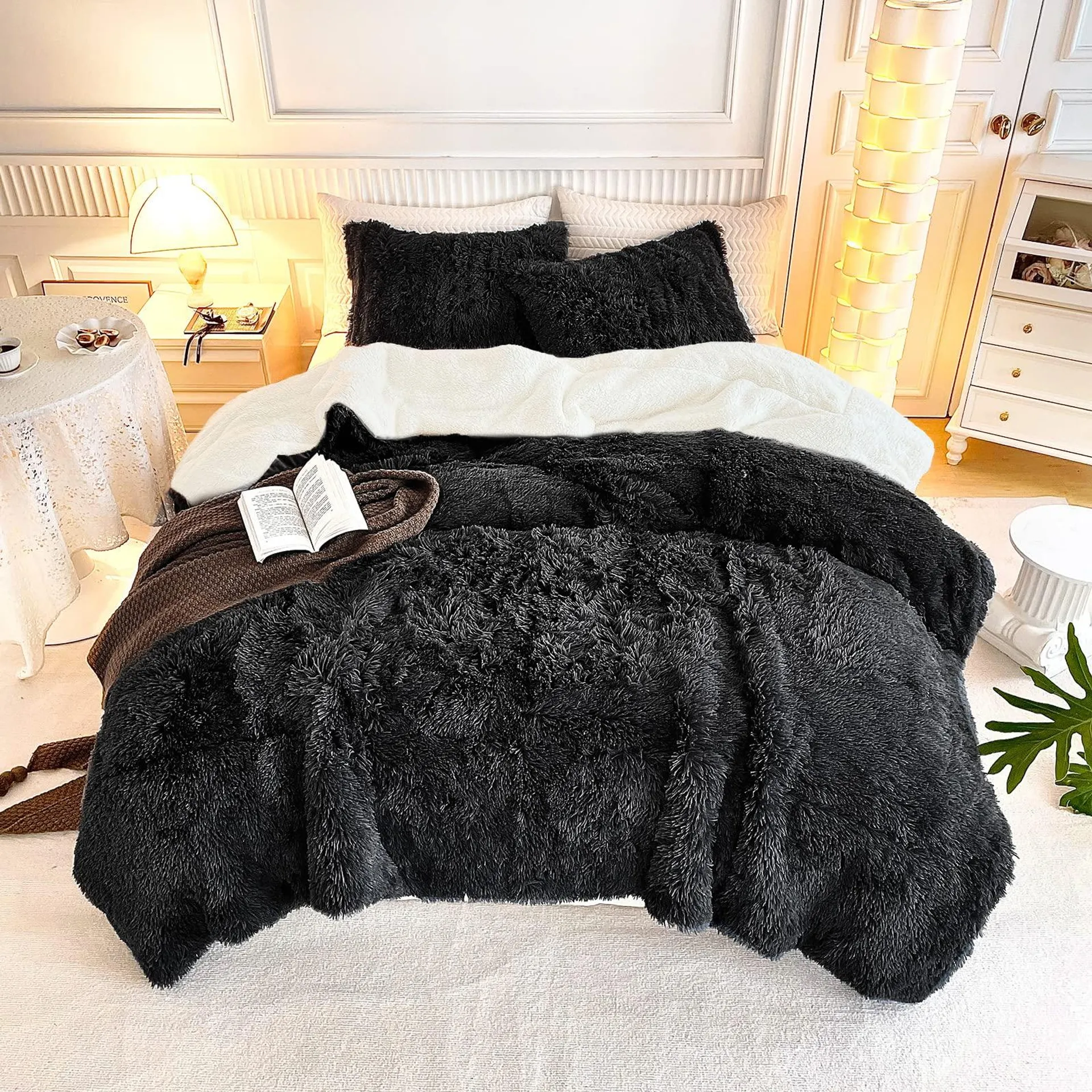 UOZZI BEDDING Black Faux Fur Comforter Set King 3 Pieces 1 Black Shaggy Comforter Set 104x90 and 2 Pillowcases Ultra Soft and