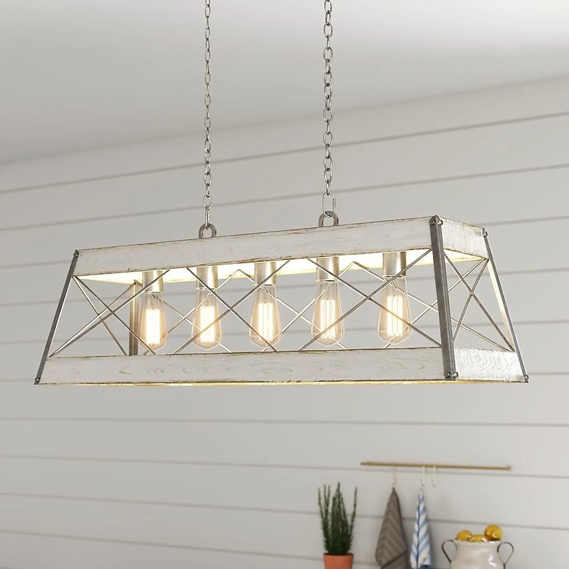 Progress Lighting Bradberry 5-Light Antique White and Galvanized Farmhouse Linear Large Hanging Kitchen Island Light