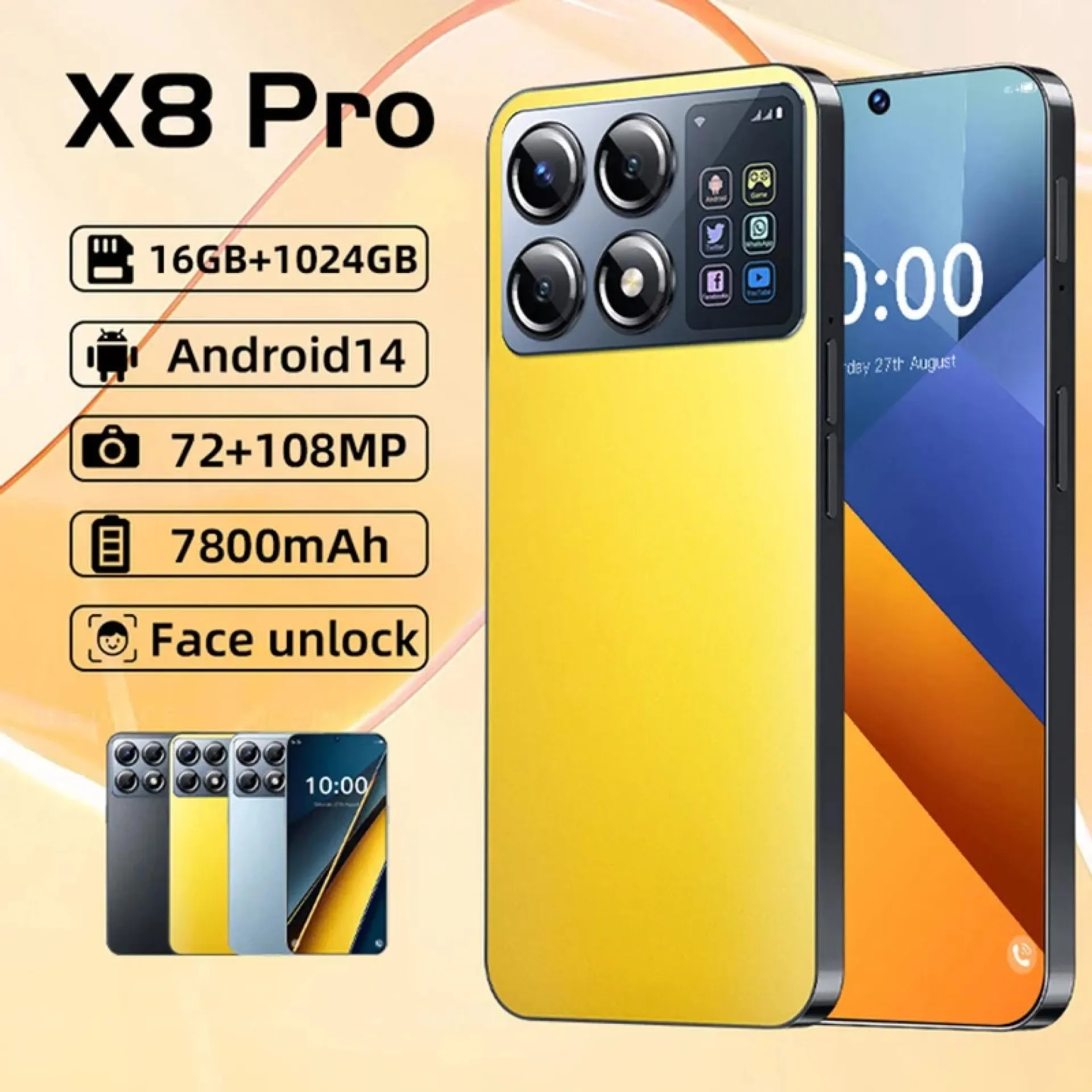 Teléfonos móviles nuevos 2025 X8 Pro 7.3 HD Pantalla SmartPhone 16G + 1T 5G Dual Sim Celulares Android Desbloqueado 108MP 7800mAh Teléfono celular