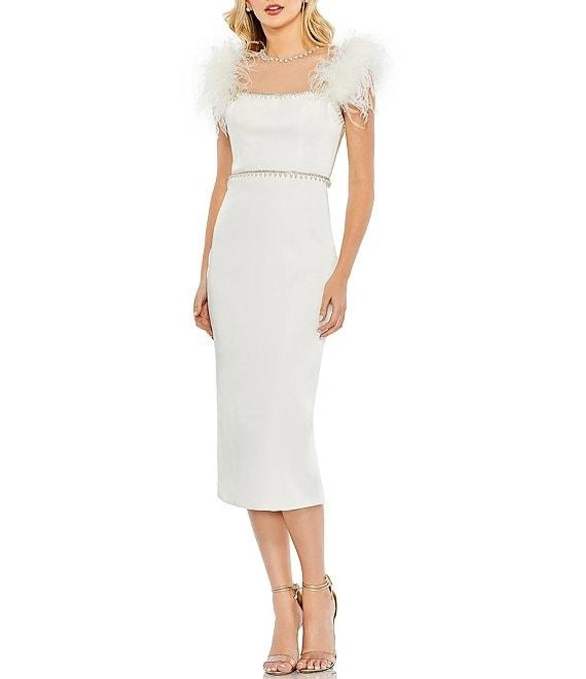 Feather Cap Sleeve Pearl Embellished Satin Dress