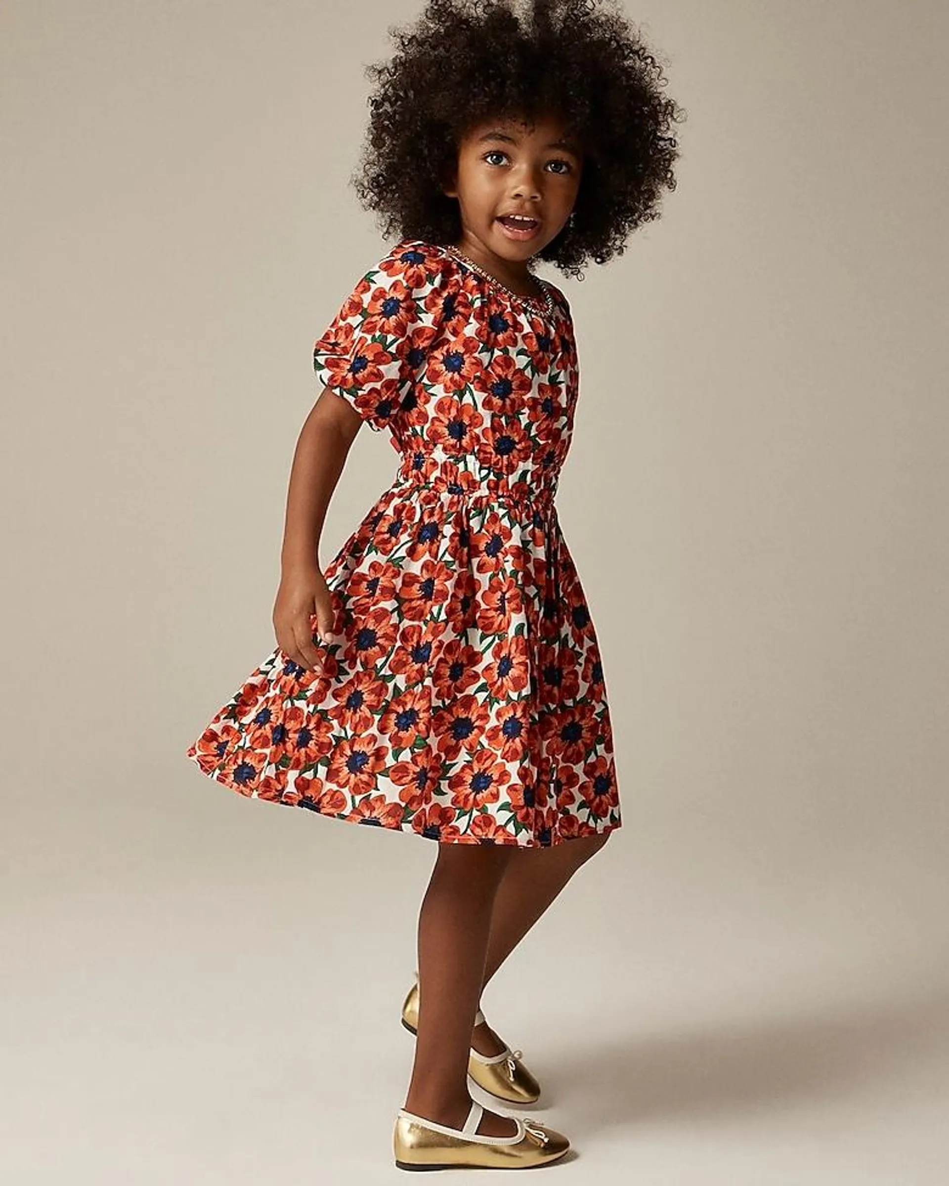 Girls' puff-sleeve dress in cotton voile floral