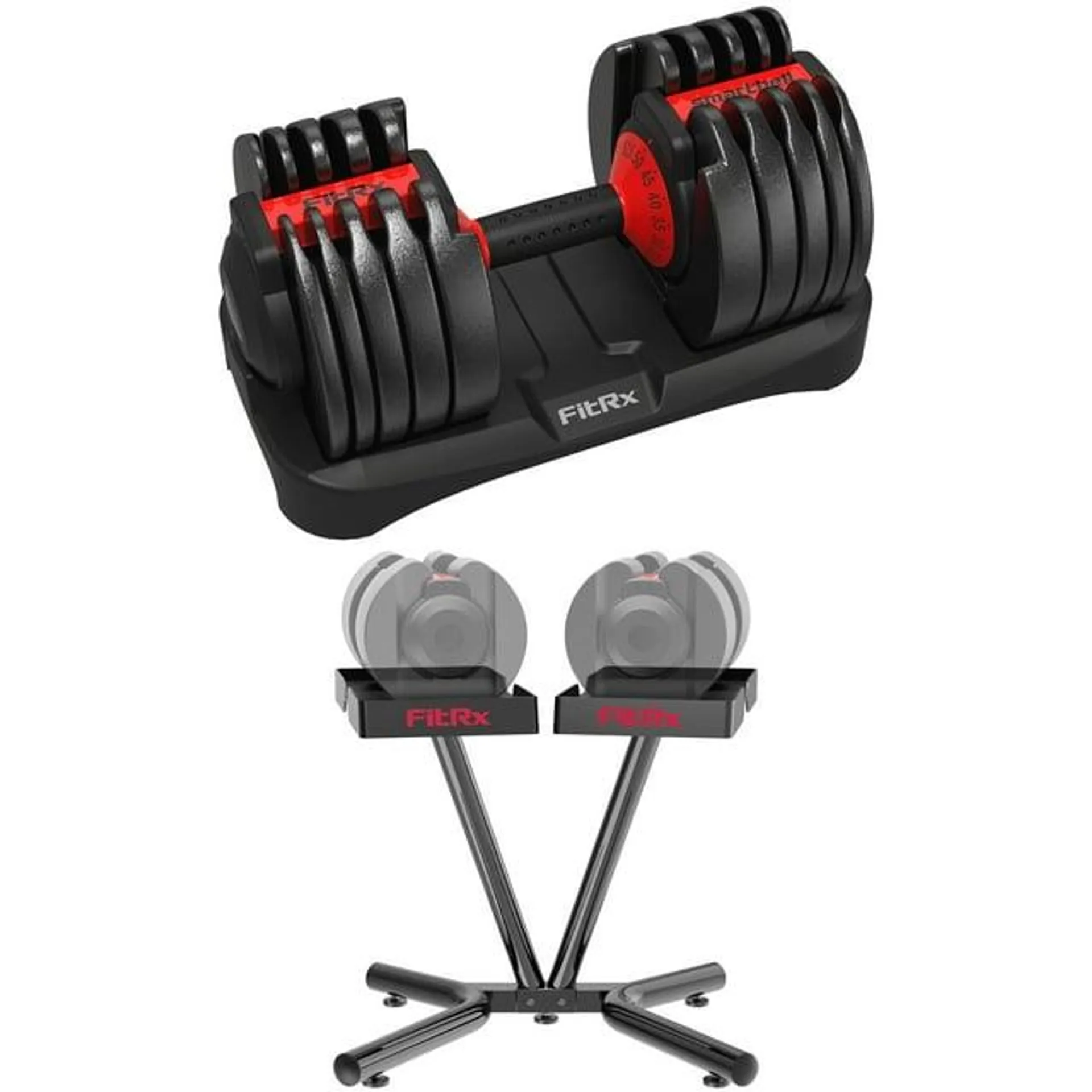 FitRx SmartRack and SmartBells Set, Dumbbell Weight Rack Stand with Two Quick-Select 5-52.5lbs Adjustable Dumbbells