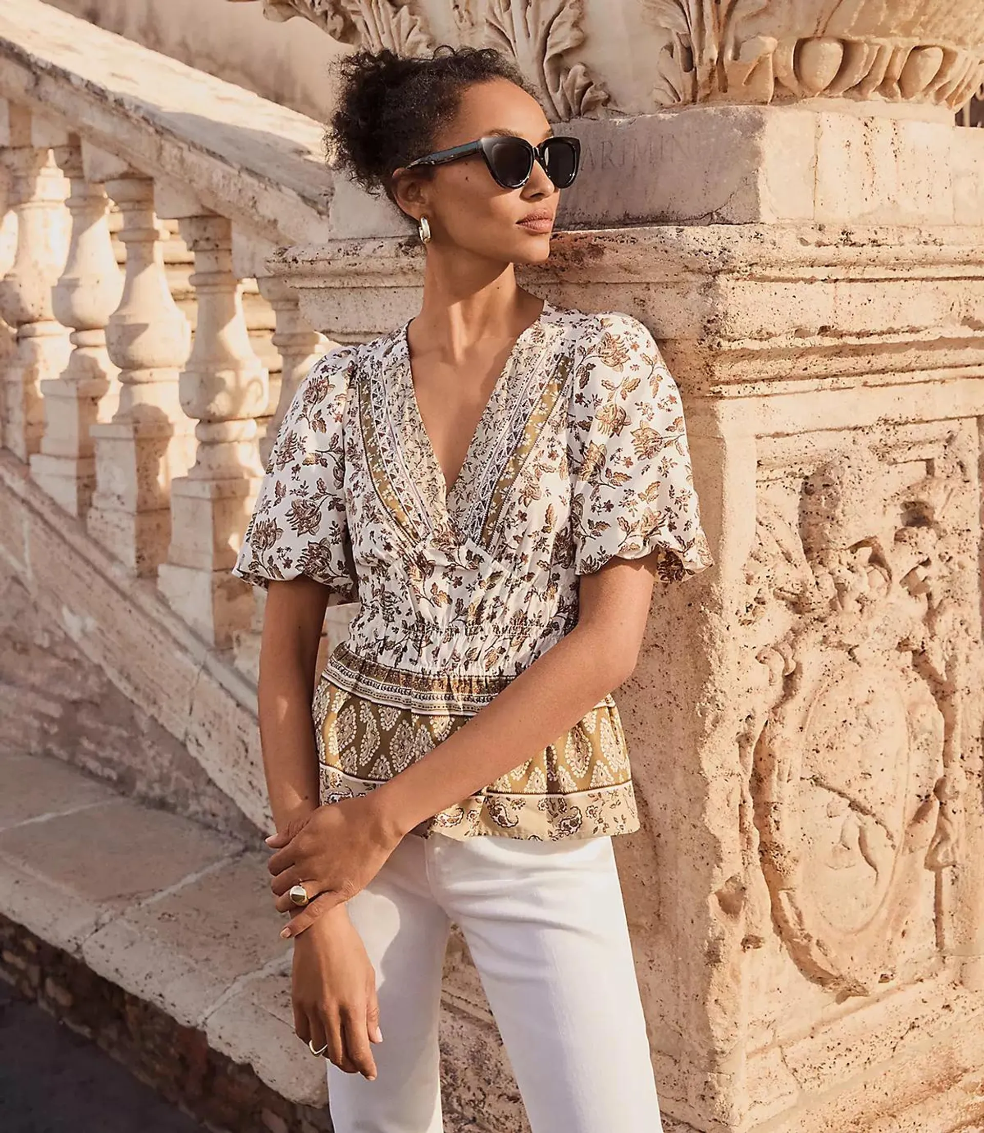 Striped Floral Pintucked V-Neck Peplum Blouse
