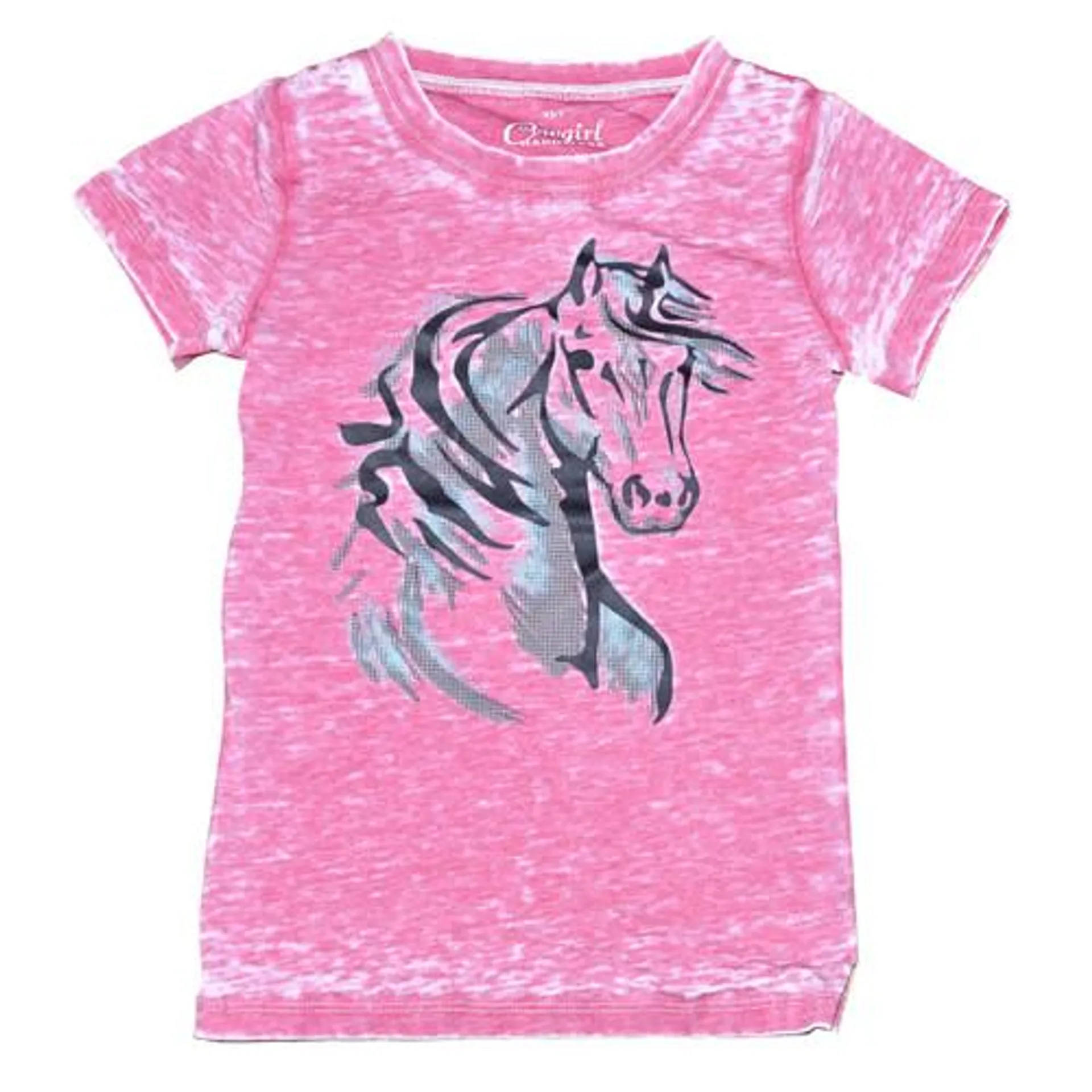 Cowgirl Hardware Girls Pink Short Sleeve Shirt with a Gray Watercolor Horse Graphic