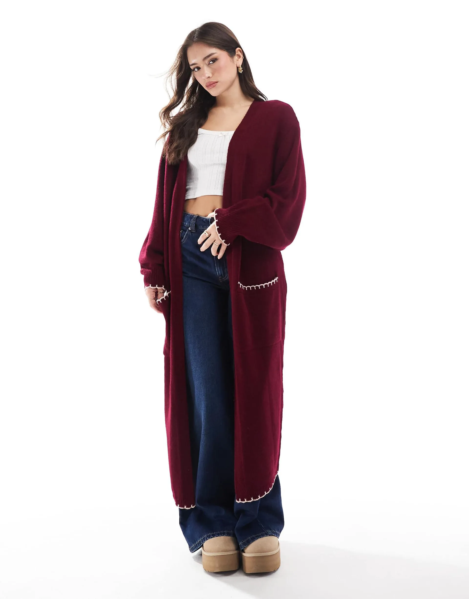 Miss Selfridge pink and burgundy contrast blanket stitch maxi cardigan