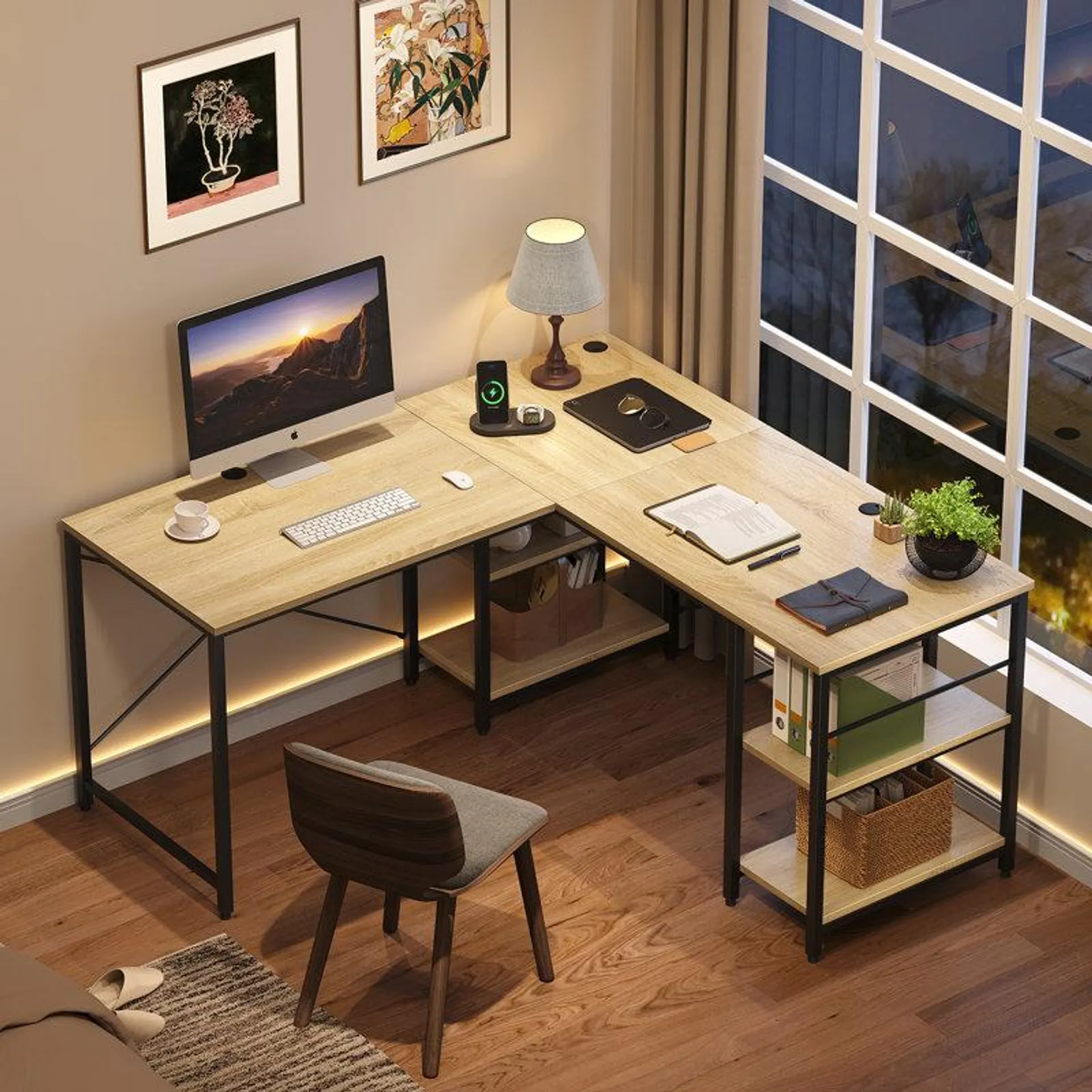 Annice 95.2" L Shaped Desks with Shelves, Reversible Corner Computer Desk or 2 Person Long Table