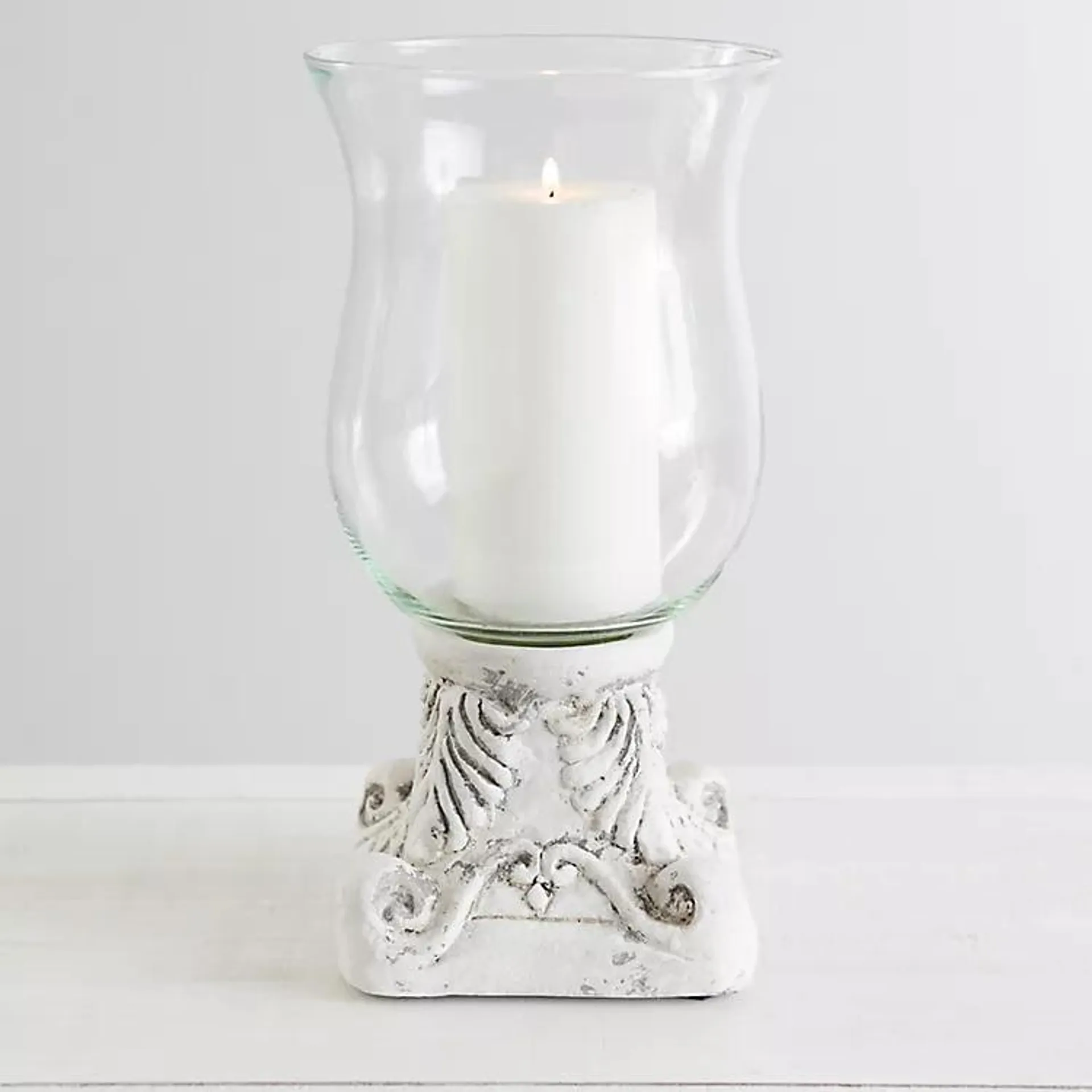 Glass Hurricane with Scroll Cement Base, 12 in.