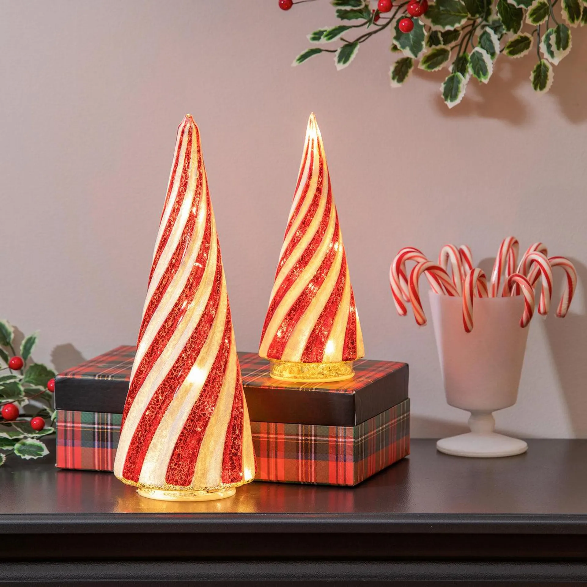 Lighted Candy Cane Striped Trees, Set of 2