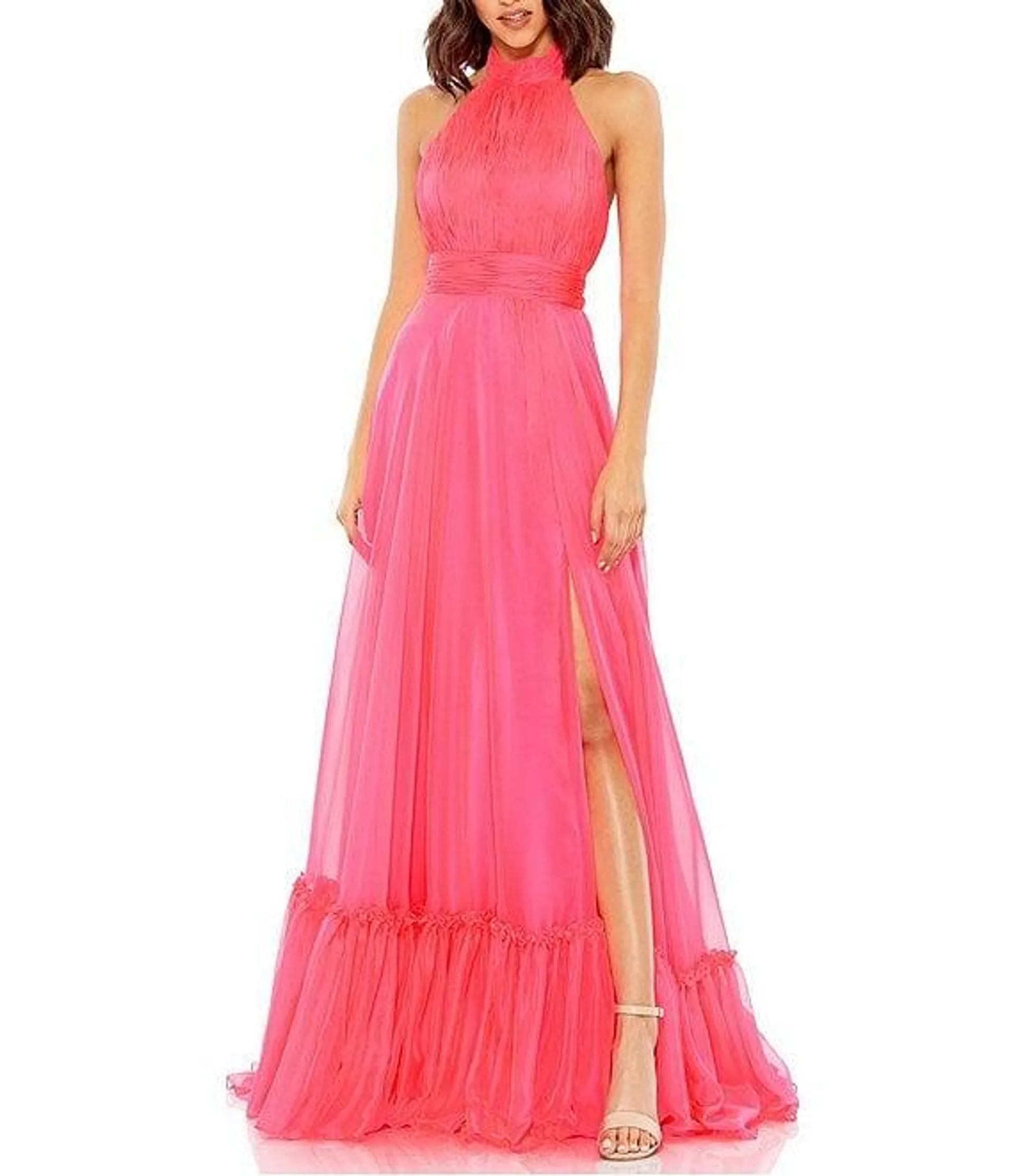 Chiffon Mock Neckline Sleeveless Tiered Gown