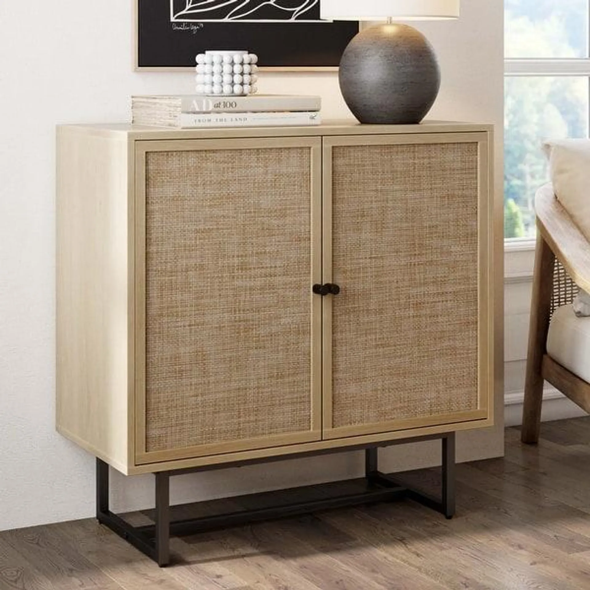 Nathan James Kova Natural Cane Rattan Doors Accent Cabinet with Metal Base and Adjustable Shelf