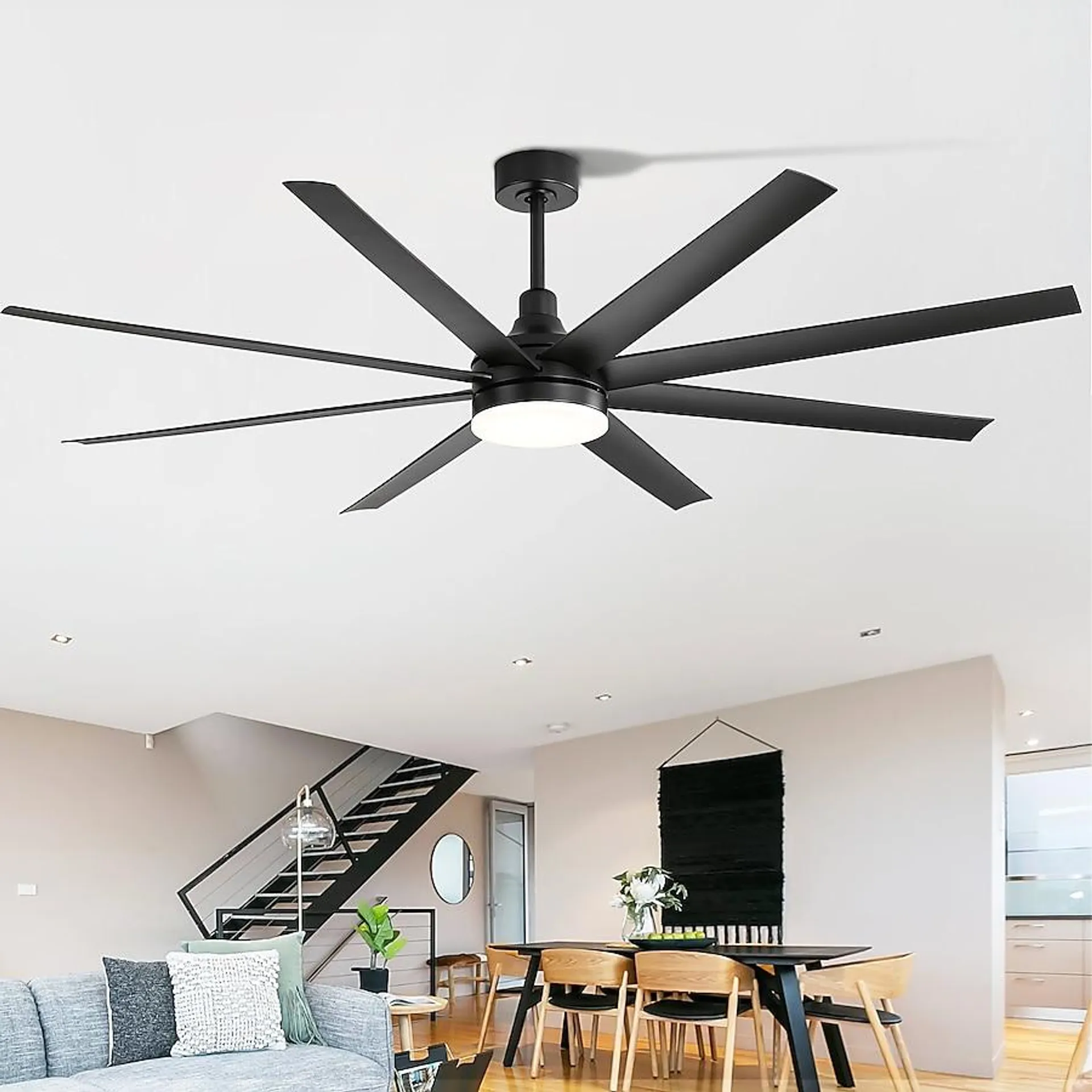 Breezary Windmill 72-in Color-Changing Integrated LED Matte Black with ABS Blades Ceiling Fan With Light - Remote Included ( 8 -Blade )