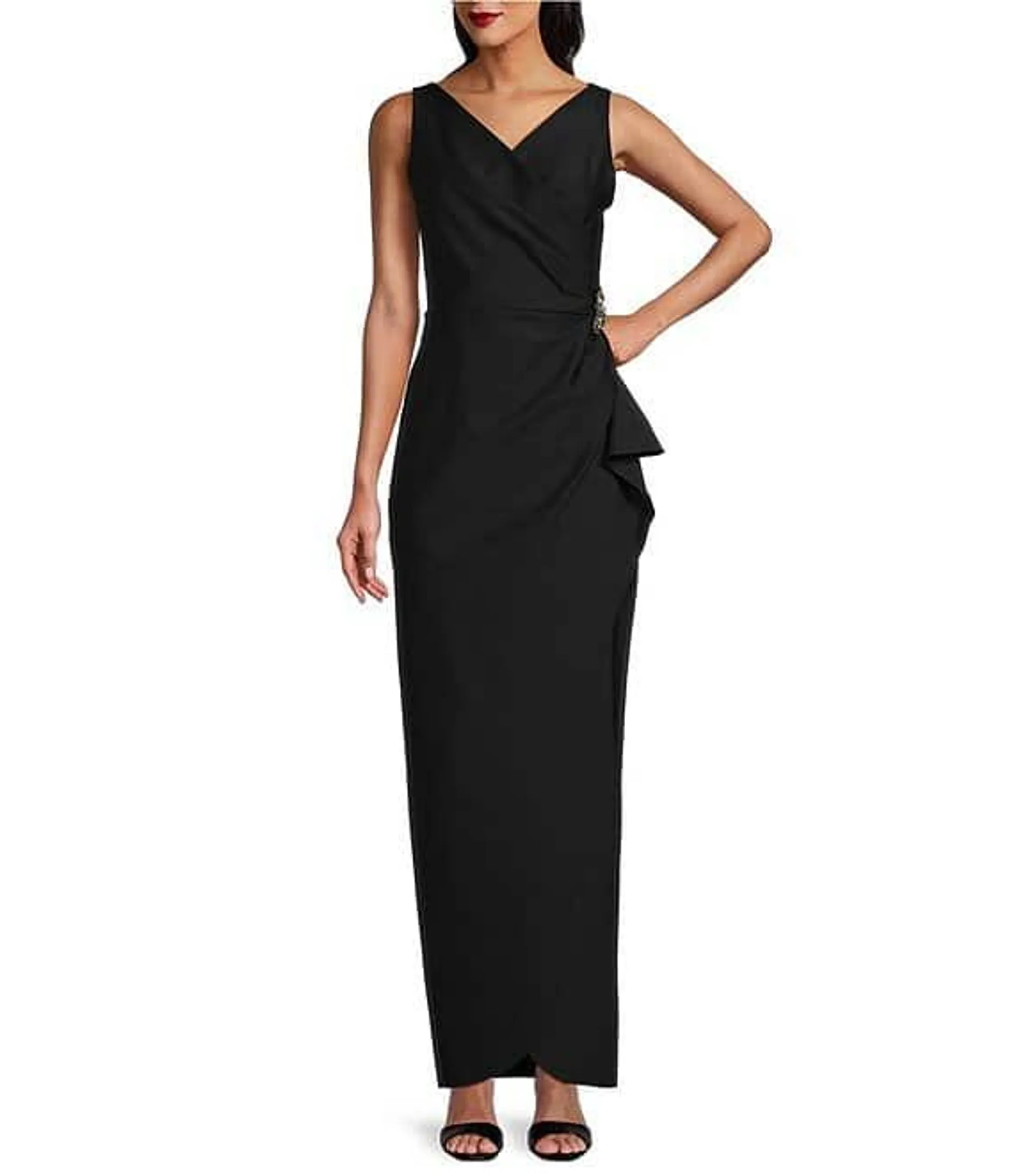 Sleeveless Surplice V-Neck Beaded Detail Ruched Ruffled Sheath Gown