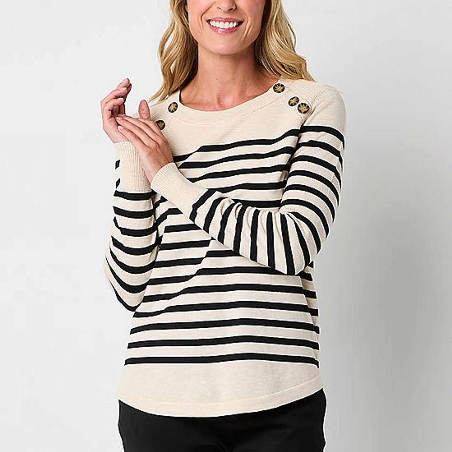 Liz Claiborne Womens Crew Neck Long Sleeve Striped Pullover Sweater