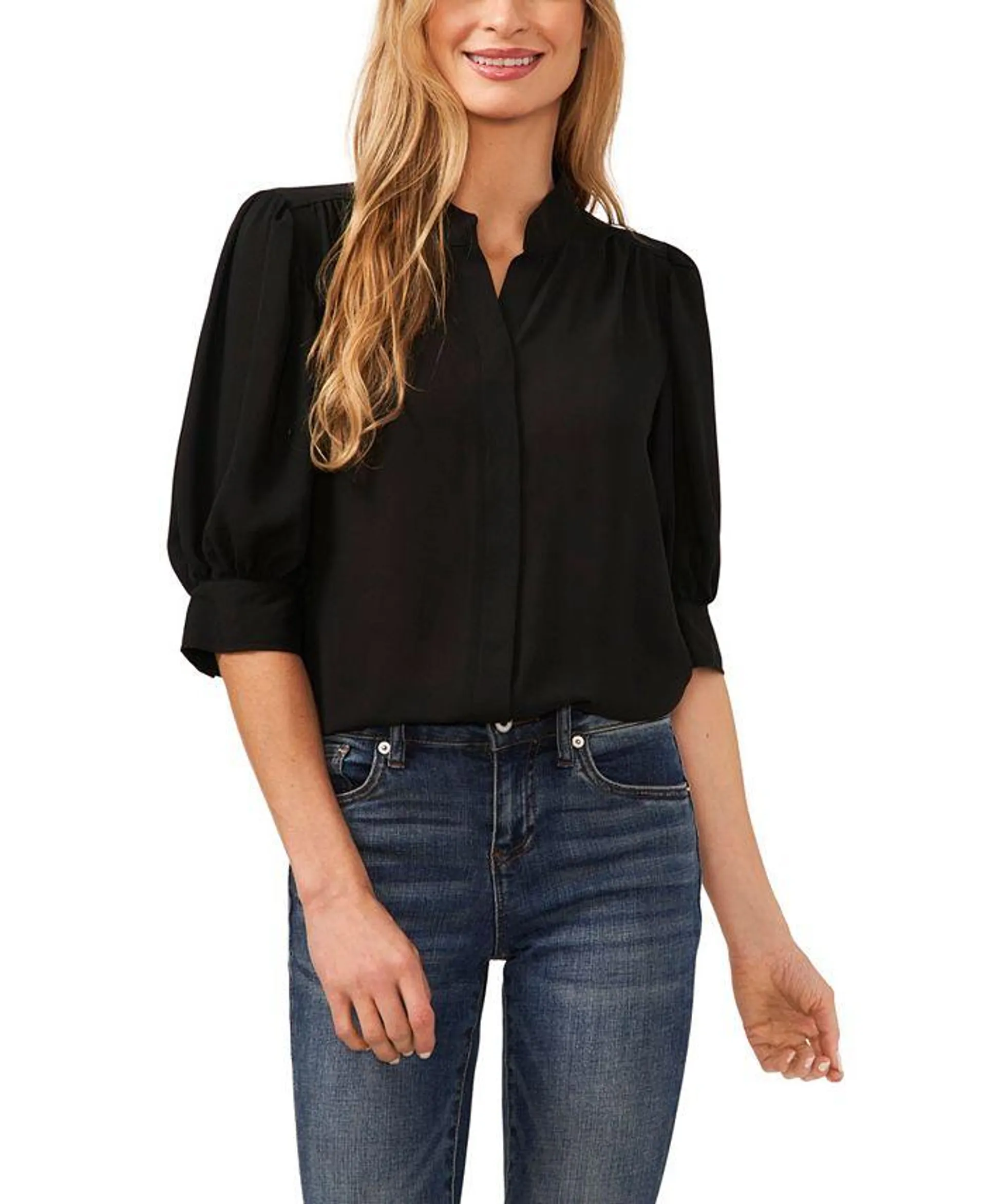 Women's 3/4-Sleeve Collared Button Down Blouse