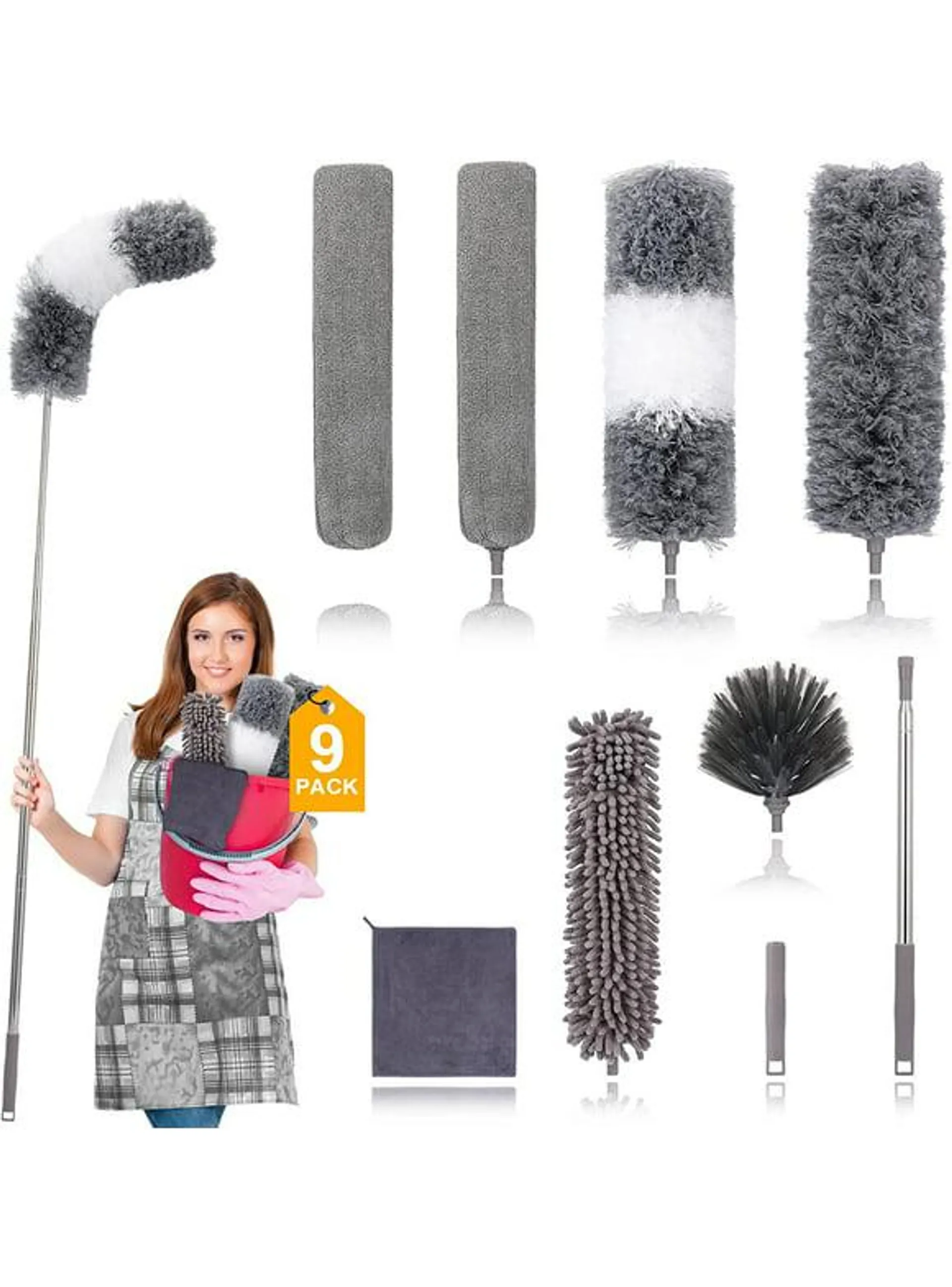 Microfiber Duster, 9PCS Extendable Feather Duster (Stainless Steel) 30 to 100 Inches, Reusable Bendable Dusters, Washable Dusters for Cleaning Ceiling Fan, High Ceiling, Blinds, Furniture, Cars