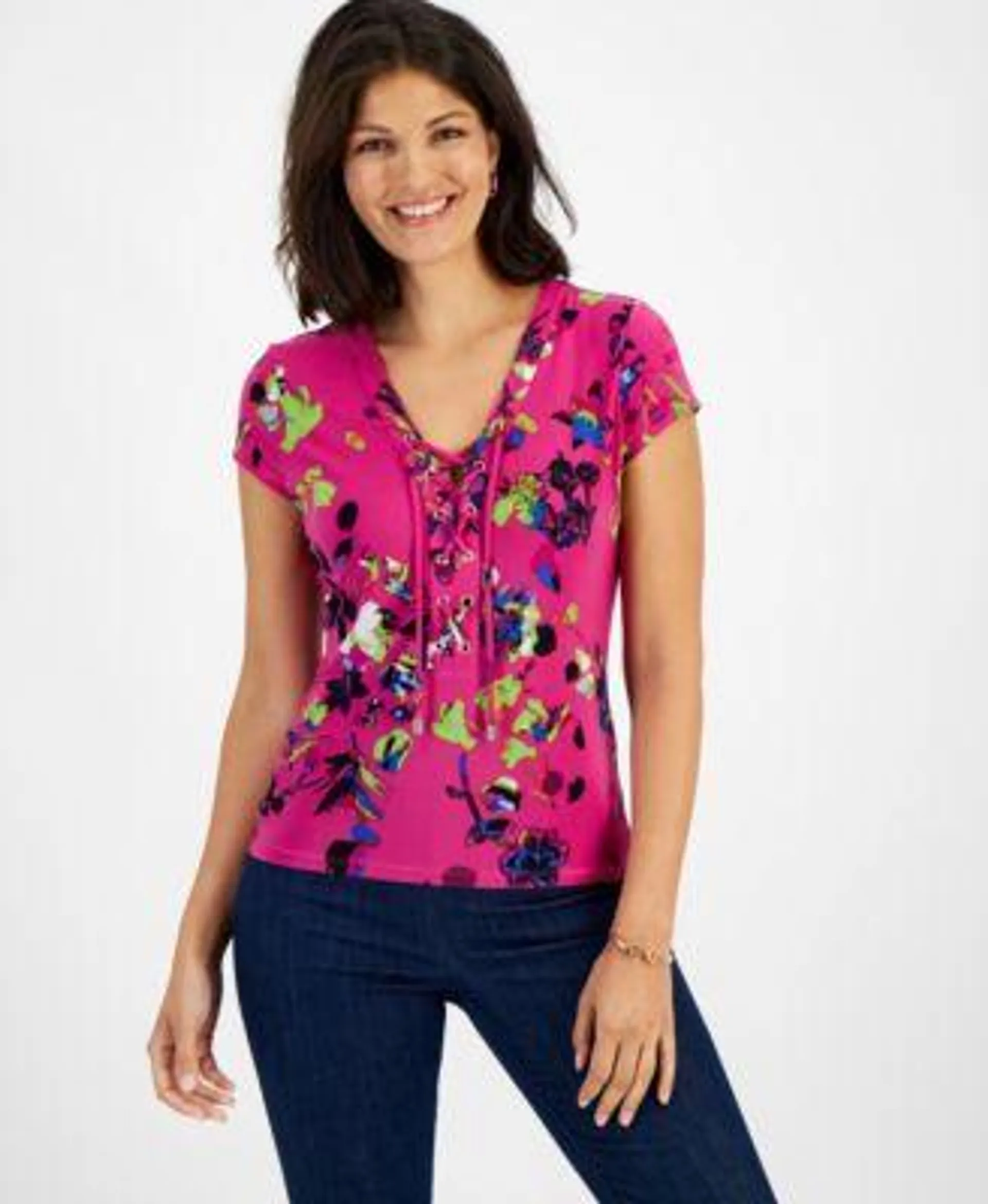 Women's Printed Lace-Up Front Top, Created for Macy's