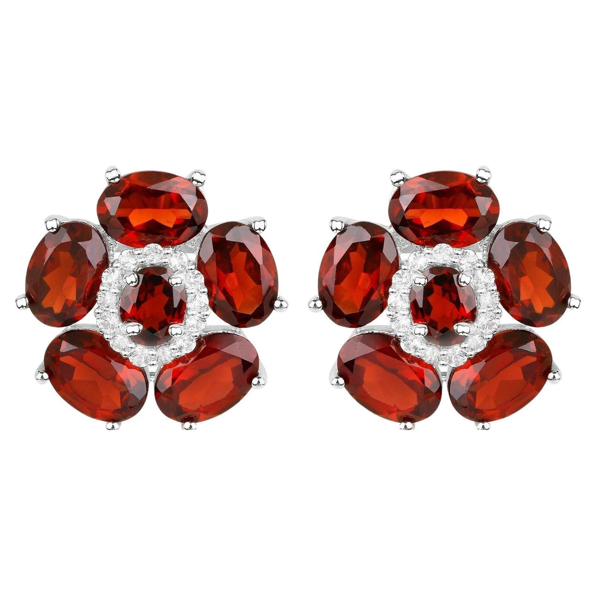 Natural Garnet and White Topaz Floral Earrings 9.6 Carats Total