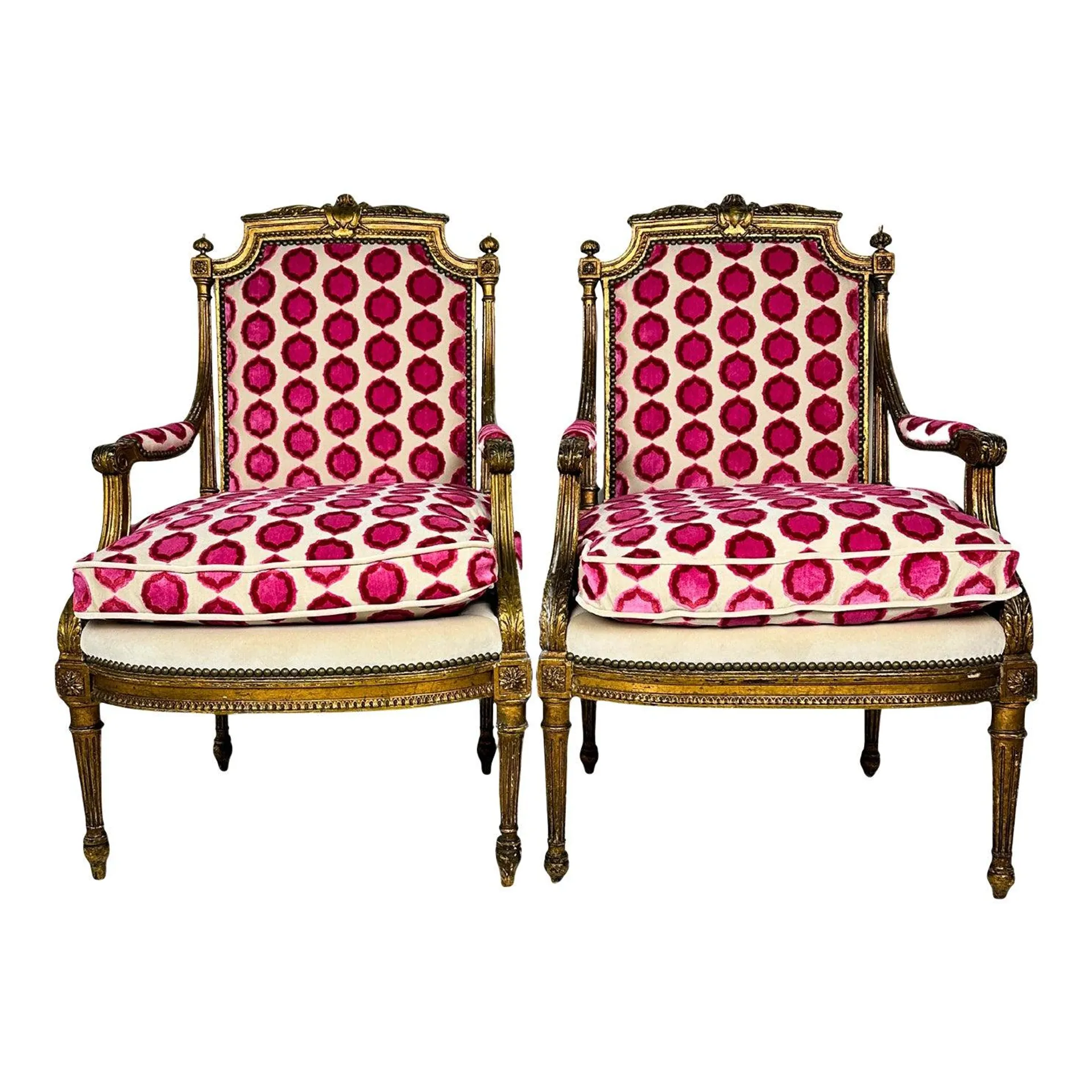 Heavily Carved 19th Century Louis XVI Fauteuil Manuel Canovas Velvet Chairs- a Pair