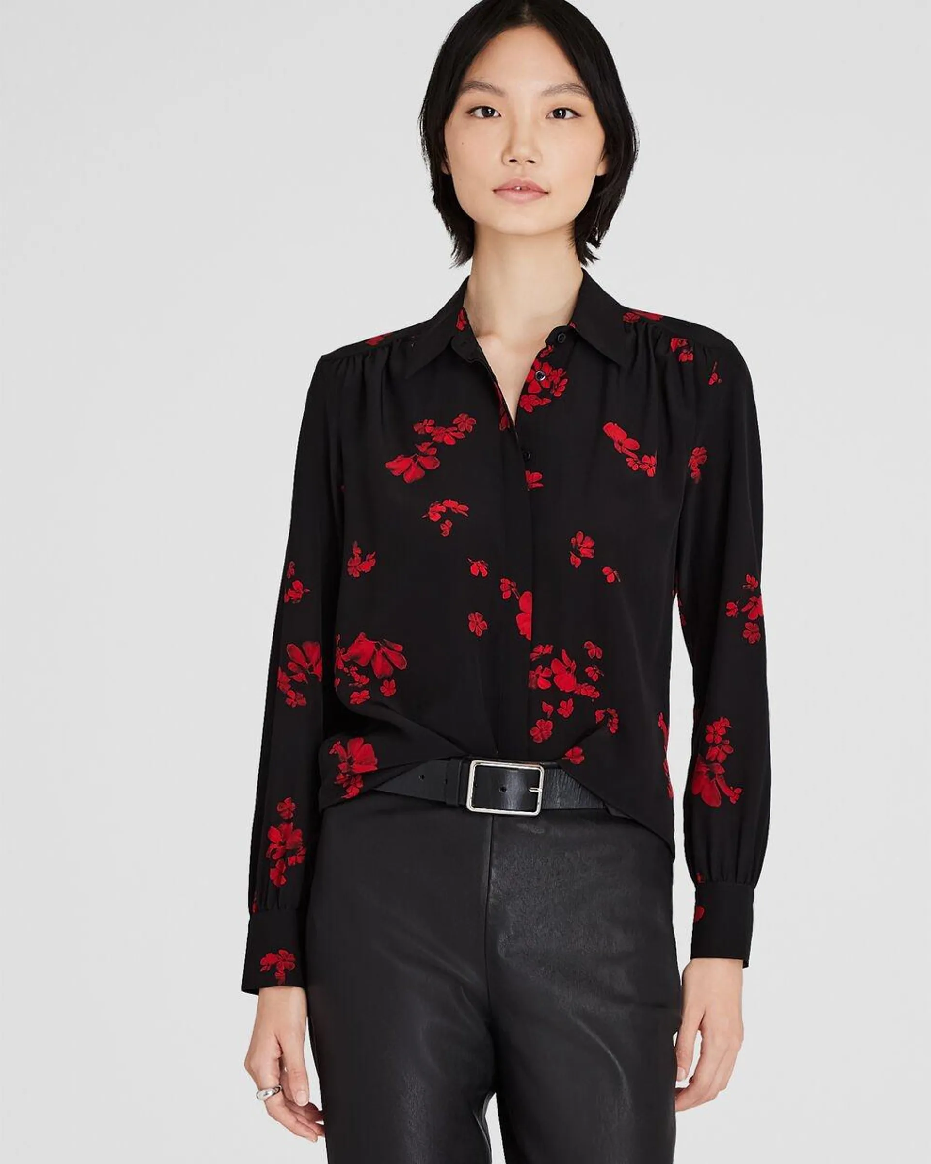 Printed Shirred Shoulder Silk Shirt