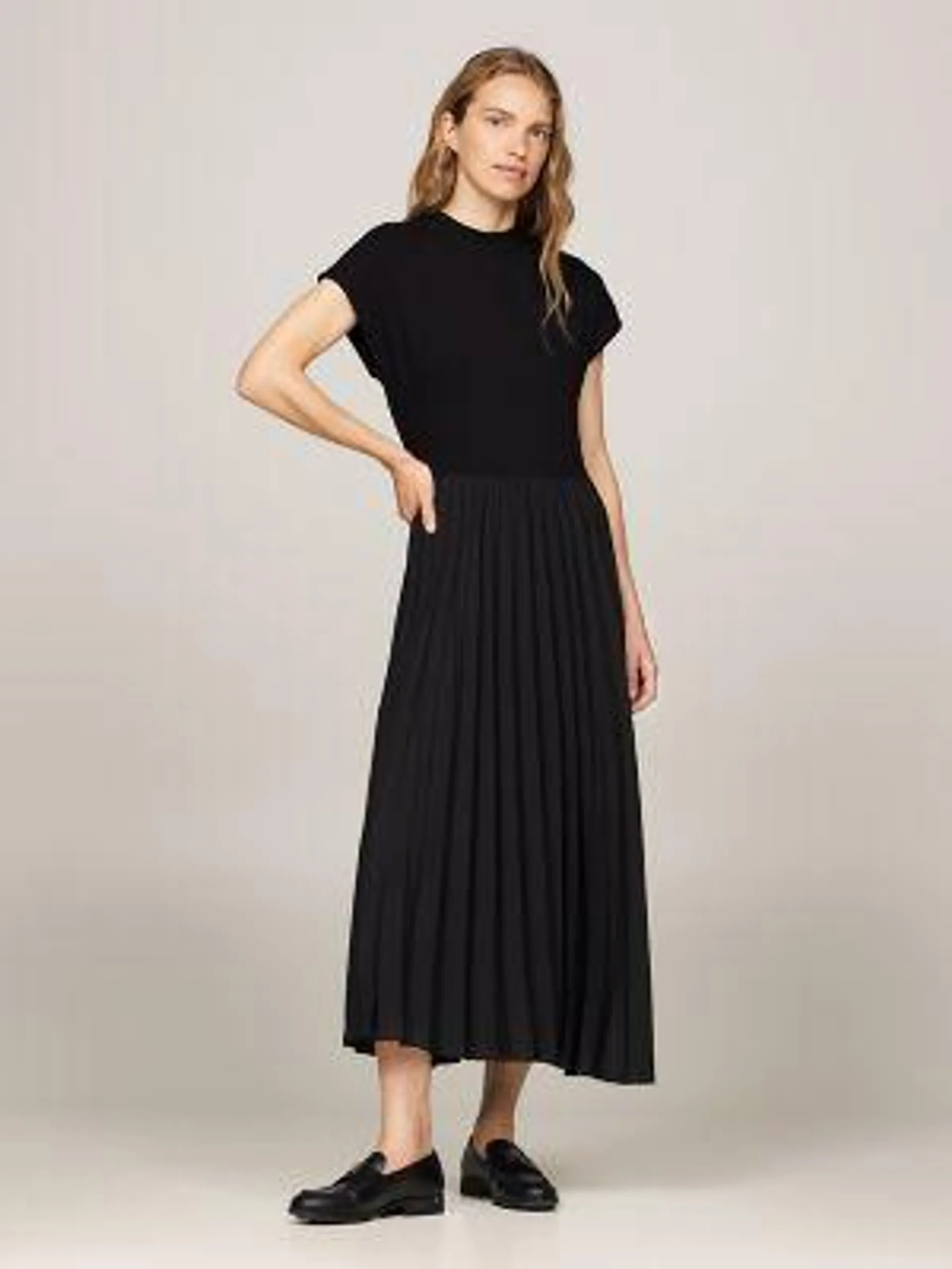 Mockneck Pleated Midi Dress