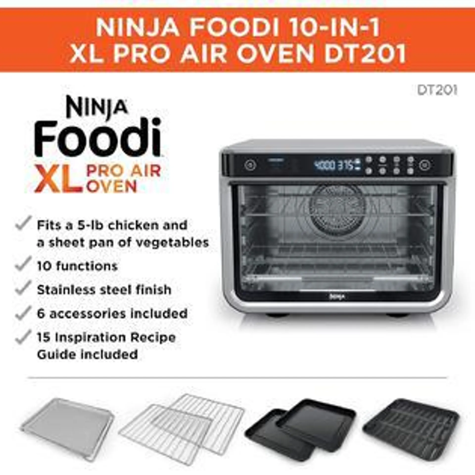 Ninja DT201 Foodi 10-in-1 XL Pro Air Fry Digital Countertop Convection Toaster Oven with Dehydrate and Reheat, 1800 Watts, Stainless