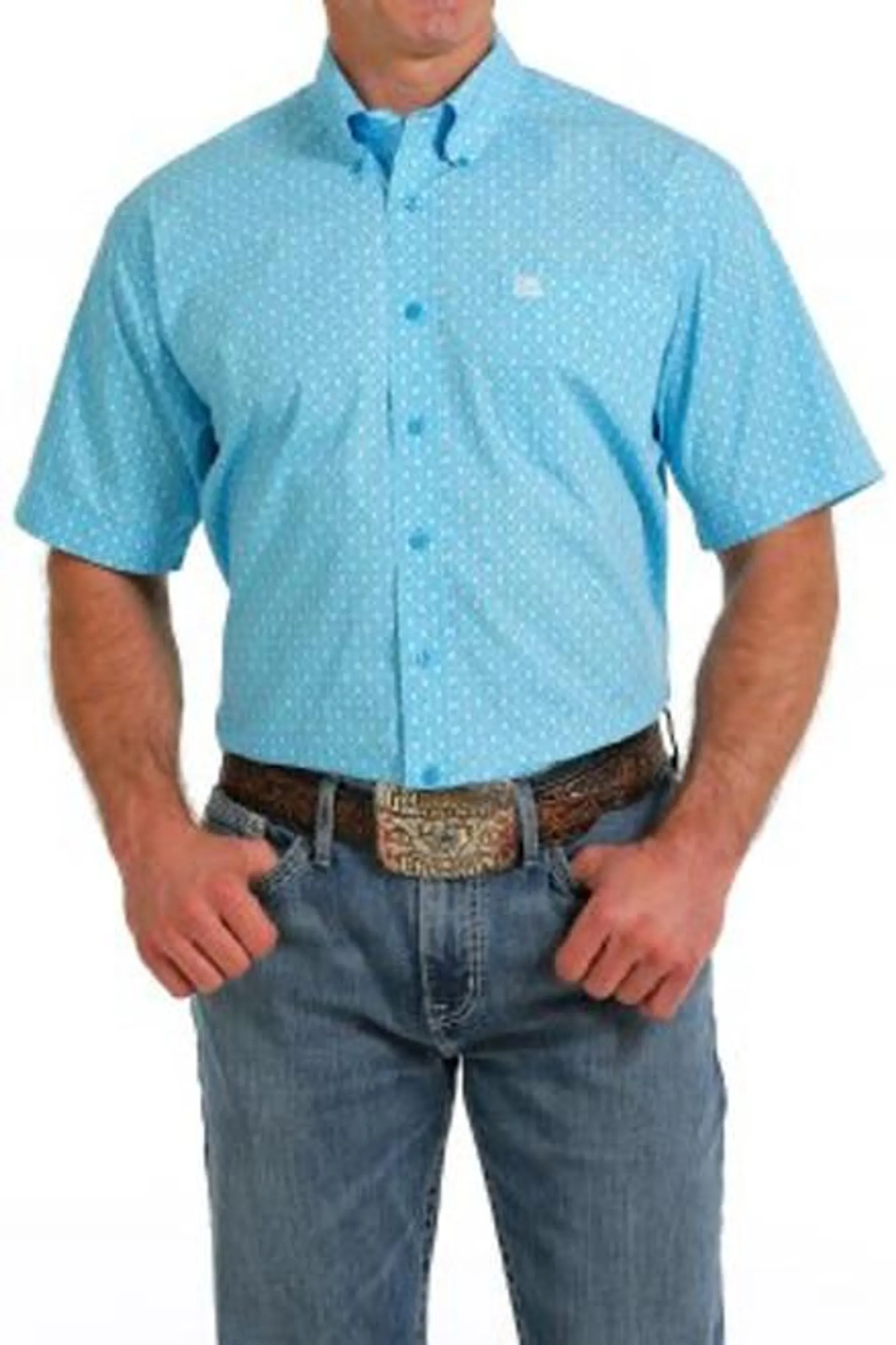 Cinch Men's Turquoise Geometric Print Button Down Western Short Sleeve Shirt