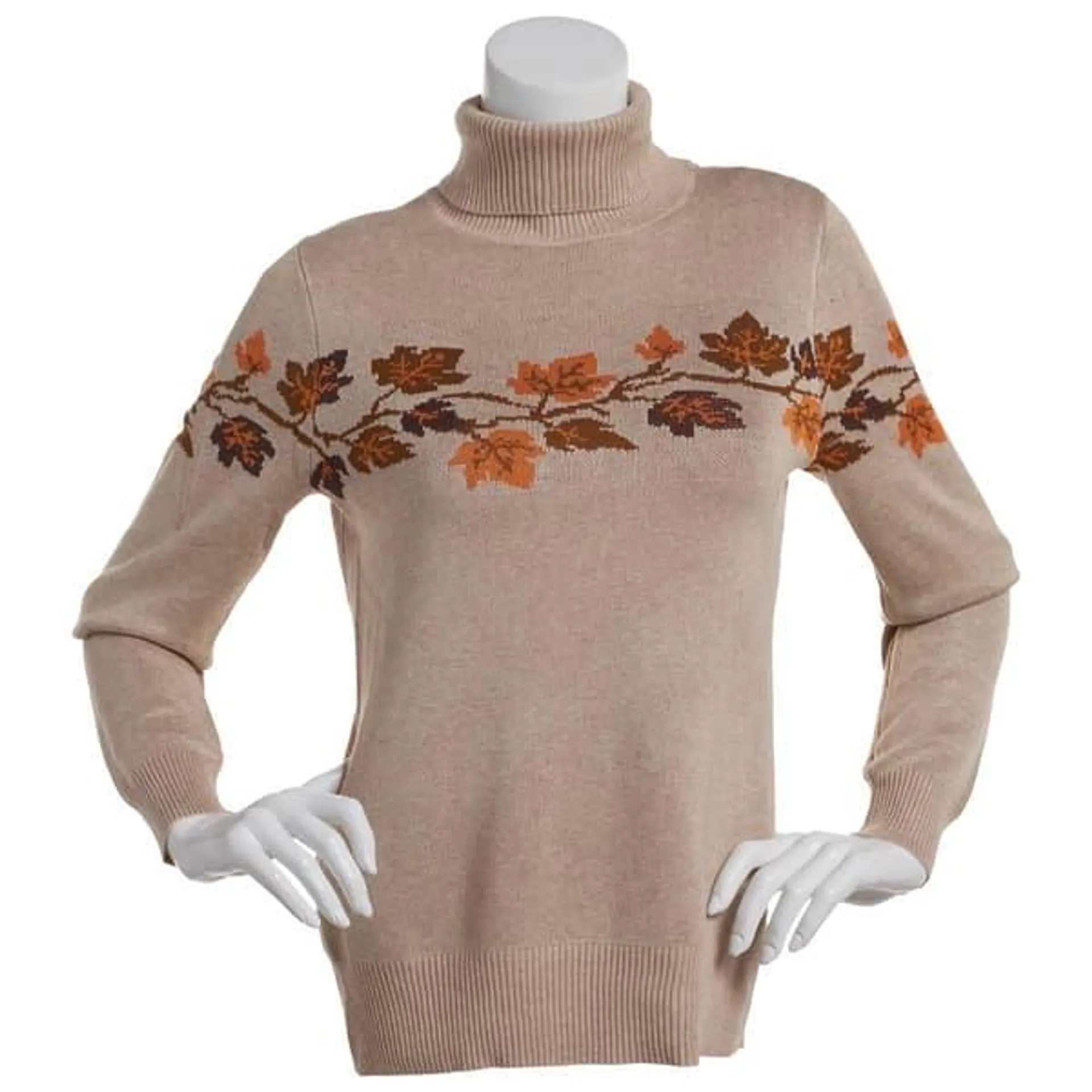 Plus Size Retrology Long Sleeve Turtleneck Leaf Sweater