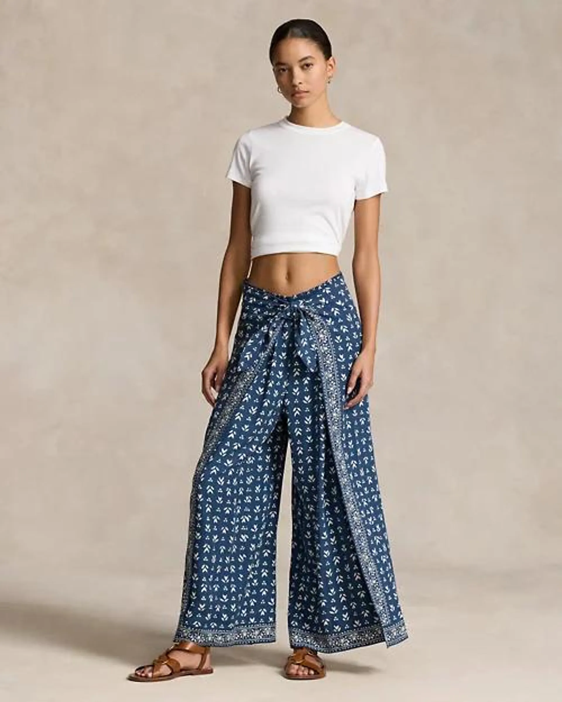 Floral Twill Wide-Leg Wrap Pant