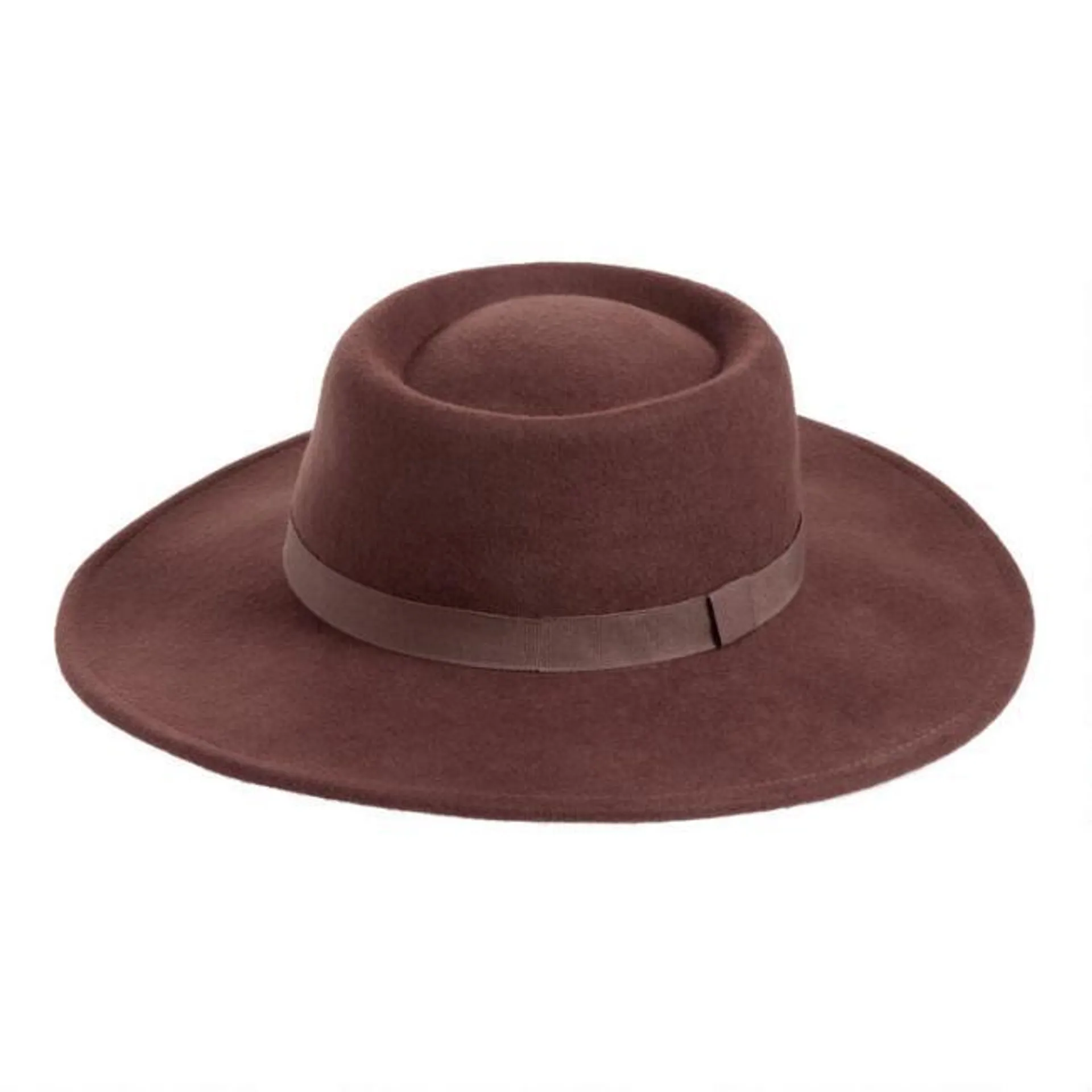 Brown Flat Top Hat With Ribbon Trim