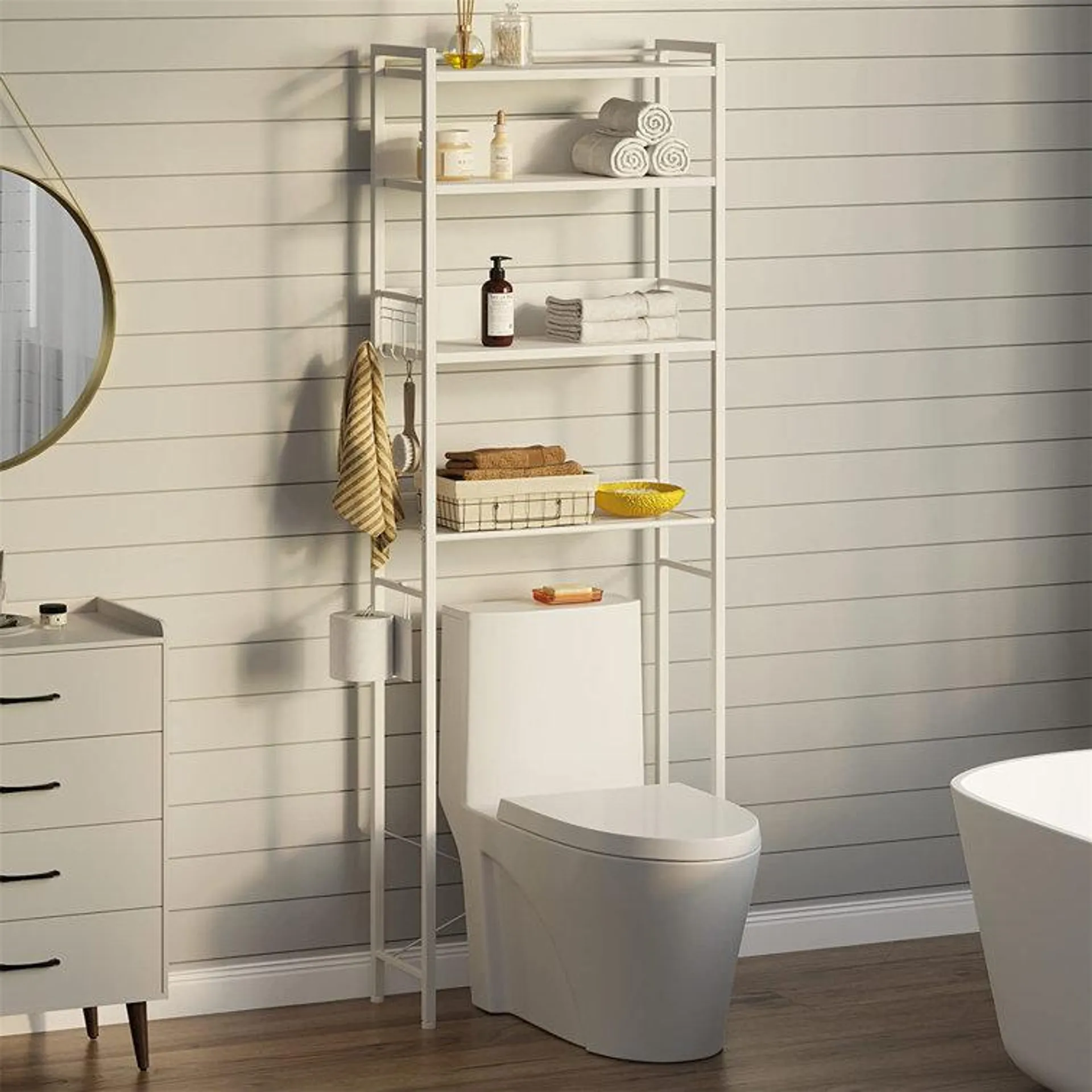 Calirose 23.6" W x 68 "H x 9.4" D Over The Toilet Storage with 4-tier shelf & 4 hooks