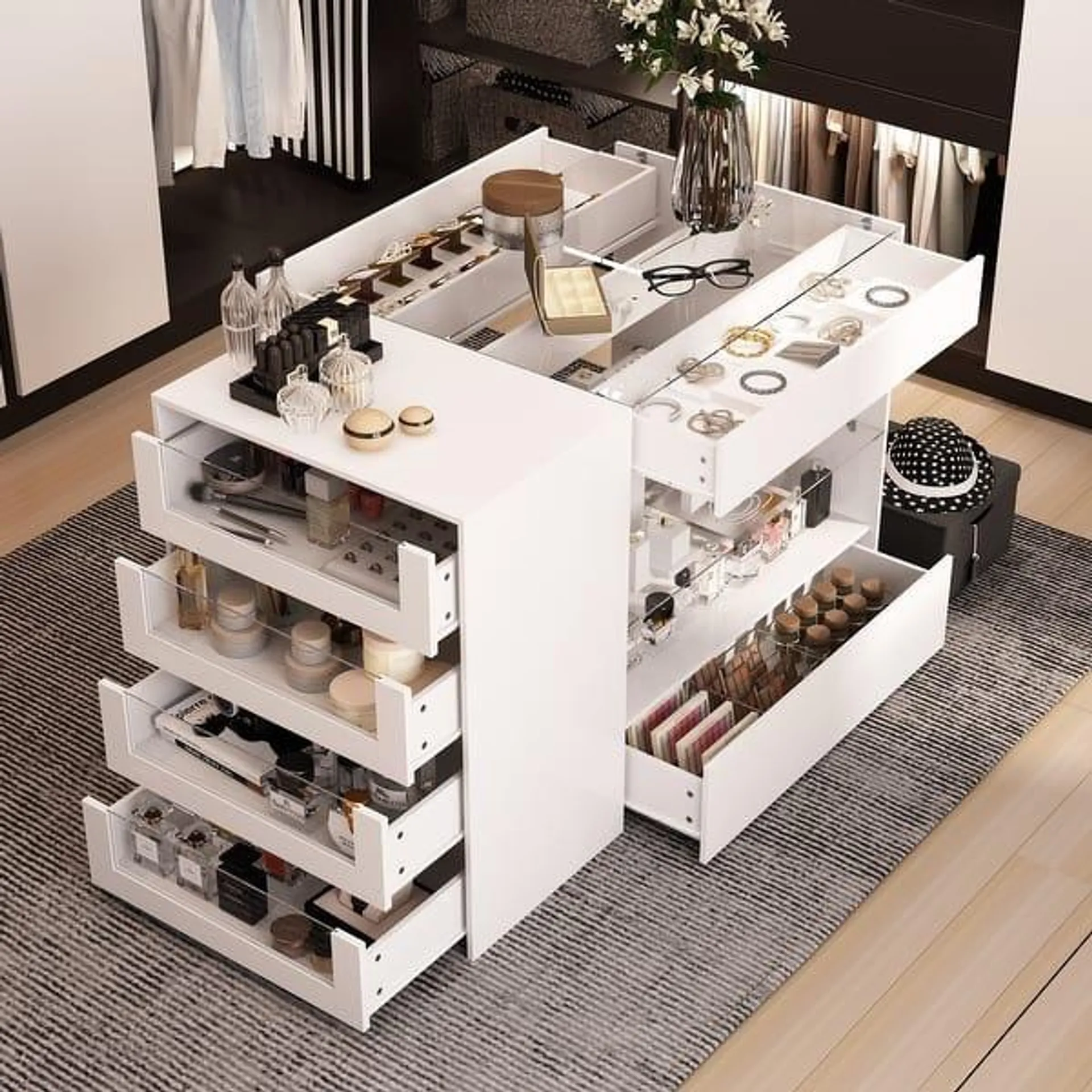 Glass-Top Closet Organizer White Dressing Island Ample Storage Dresser