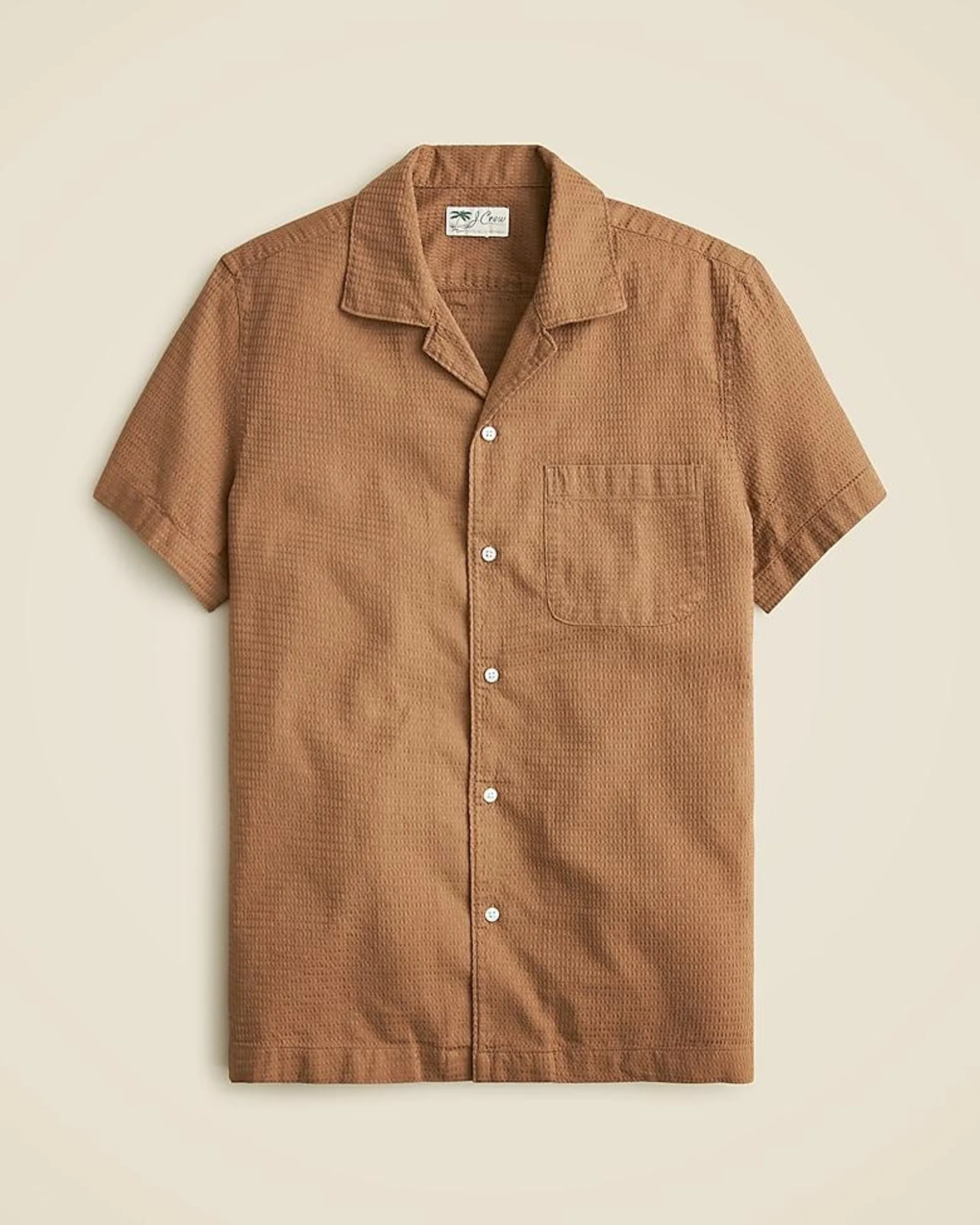 Relaxed short-sleeve textured cotton camp-collar shirt