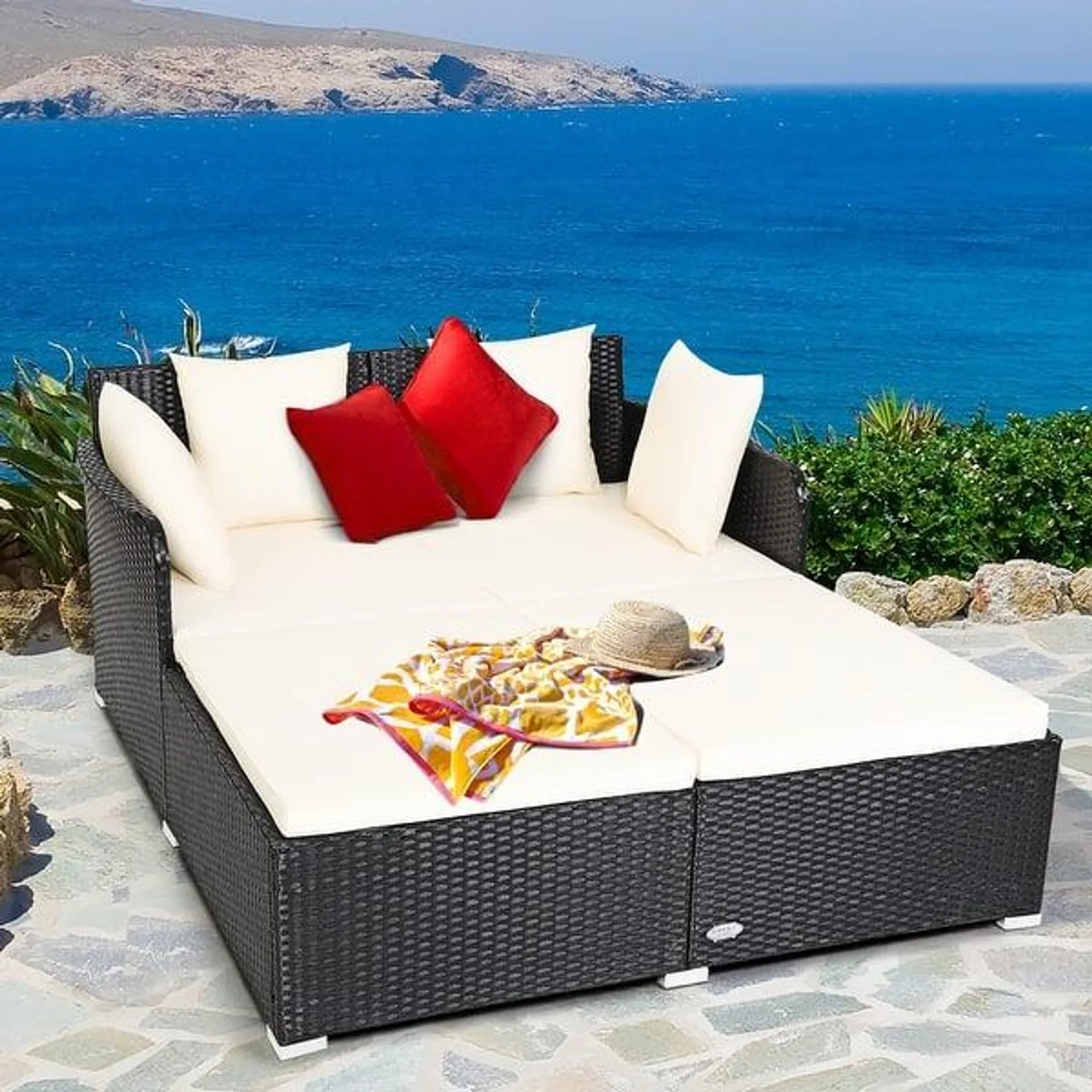 Costway Outdoor Patio Rattan Daybed Pillows Cushioned Sofa Furniture - See details