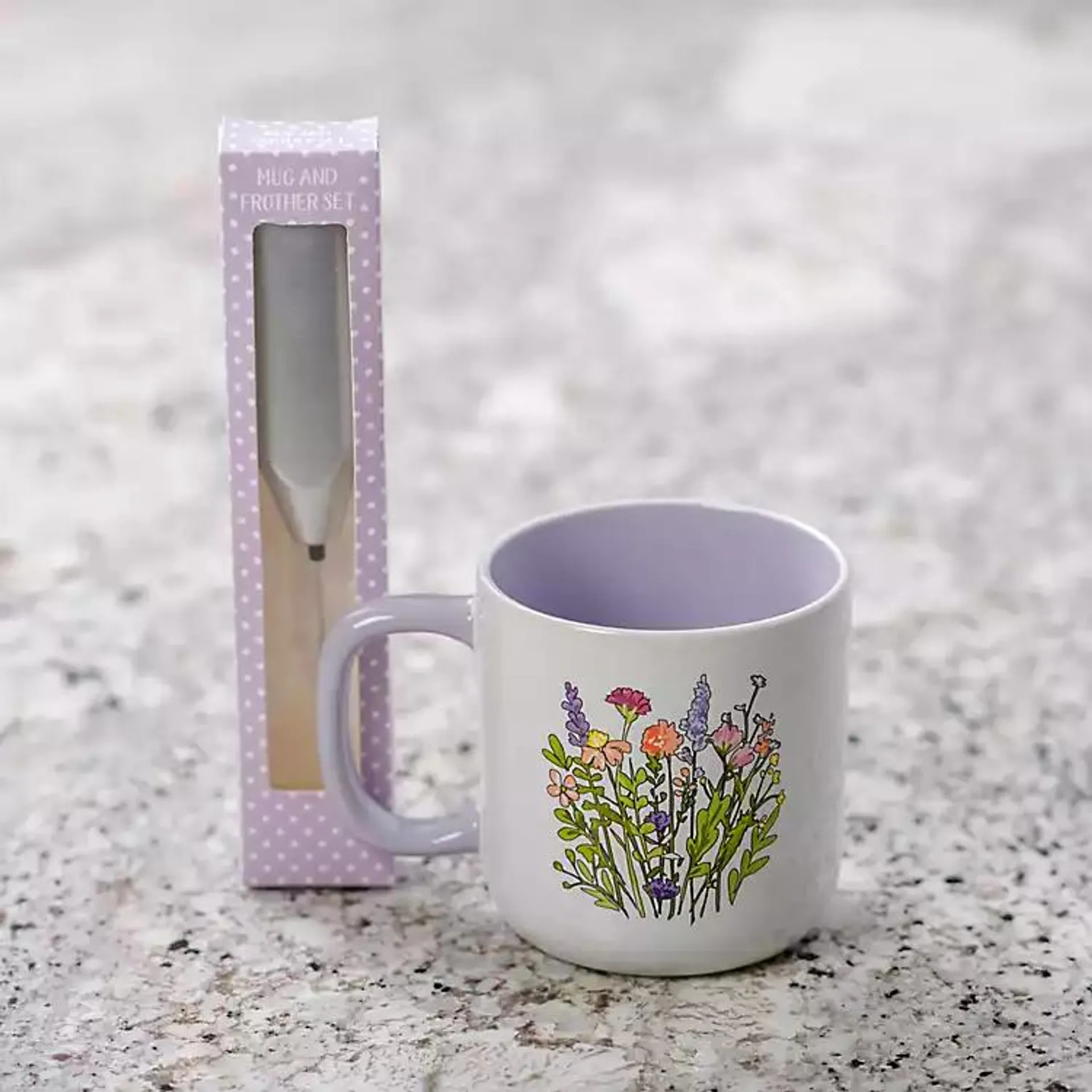 Purple Floral Mug and Frother Set