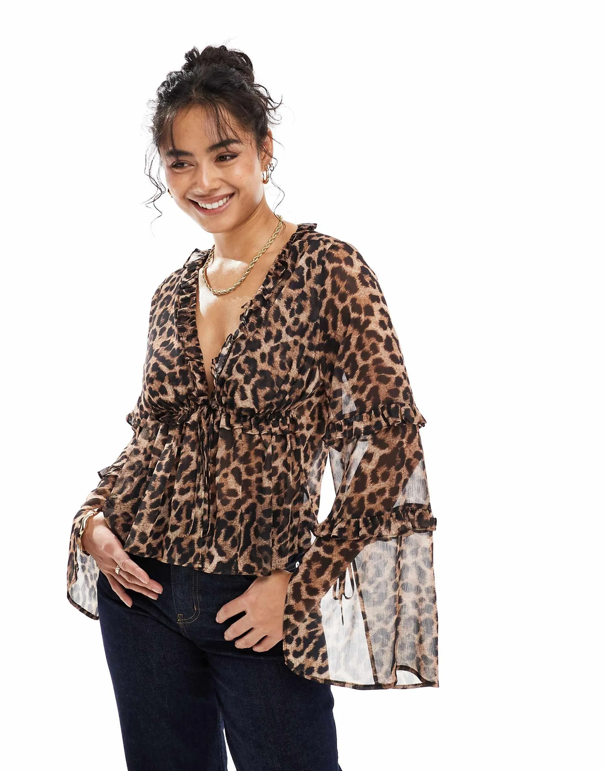 ASOS DESIGN chiffon ruffle detail blouse in leopard print