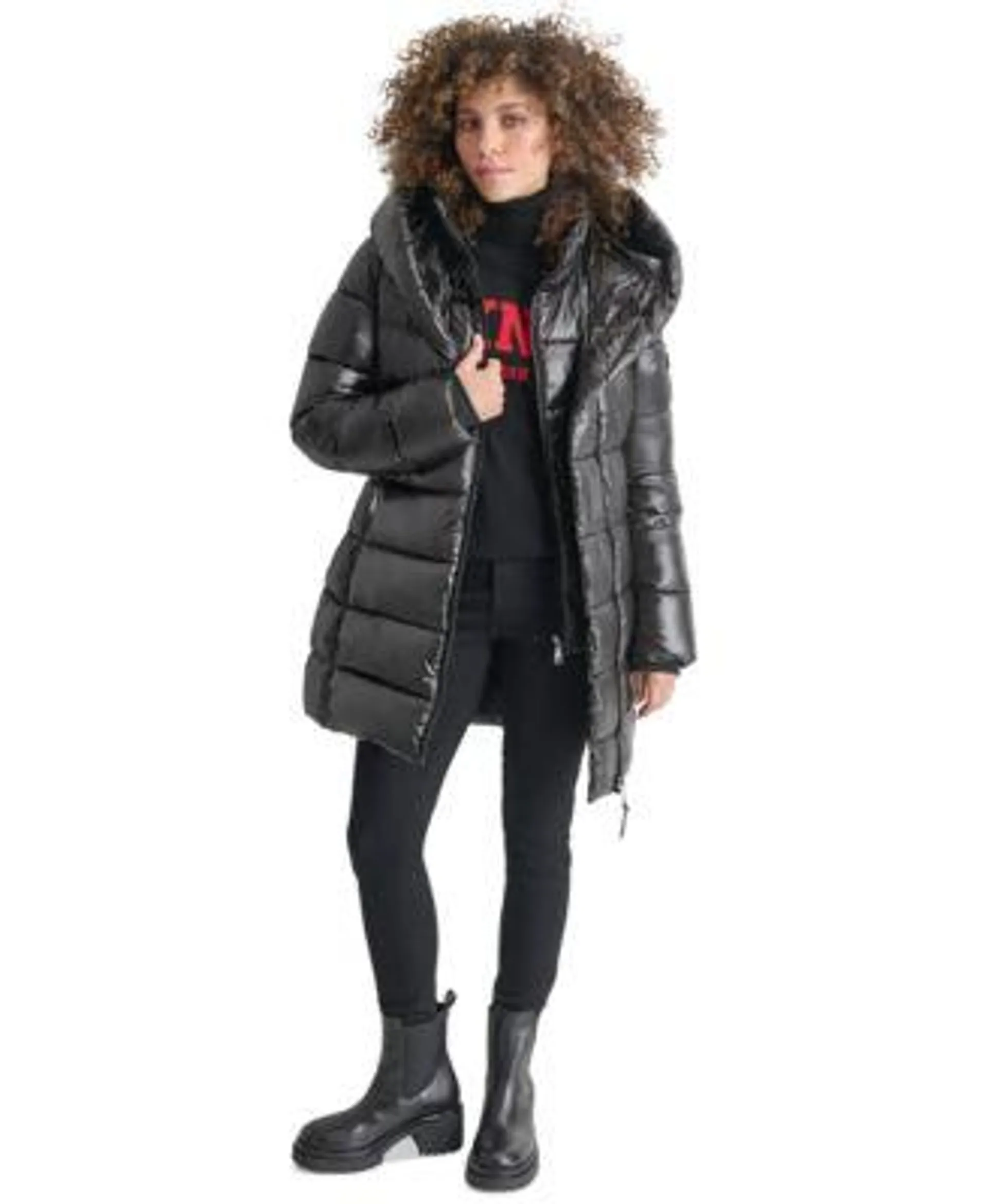 Women's Bibbed Shawl-Collar Packable Shine Puffer Coat