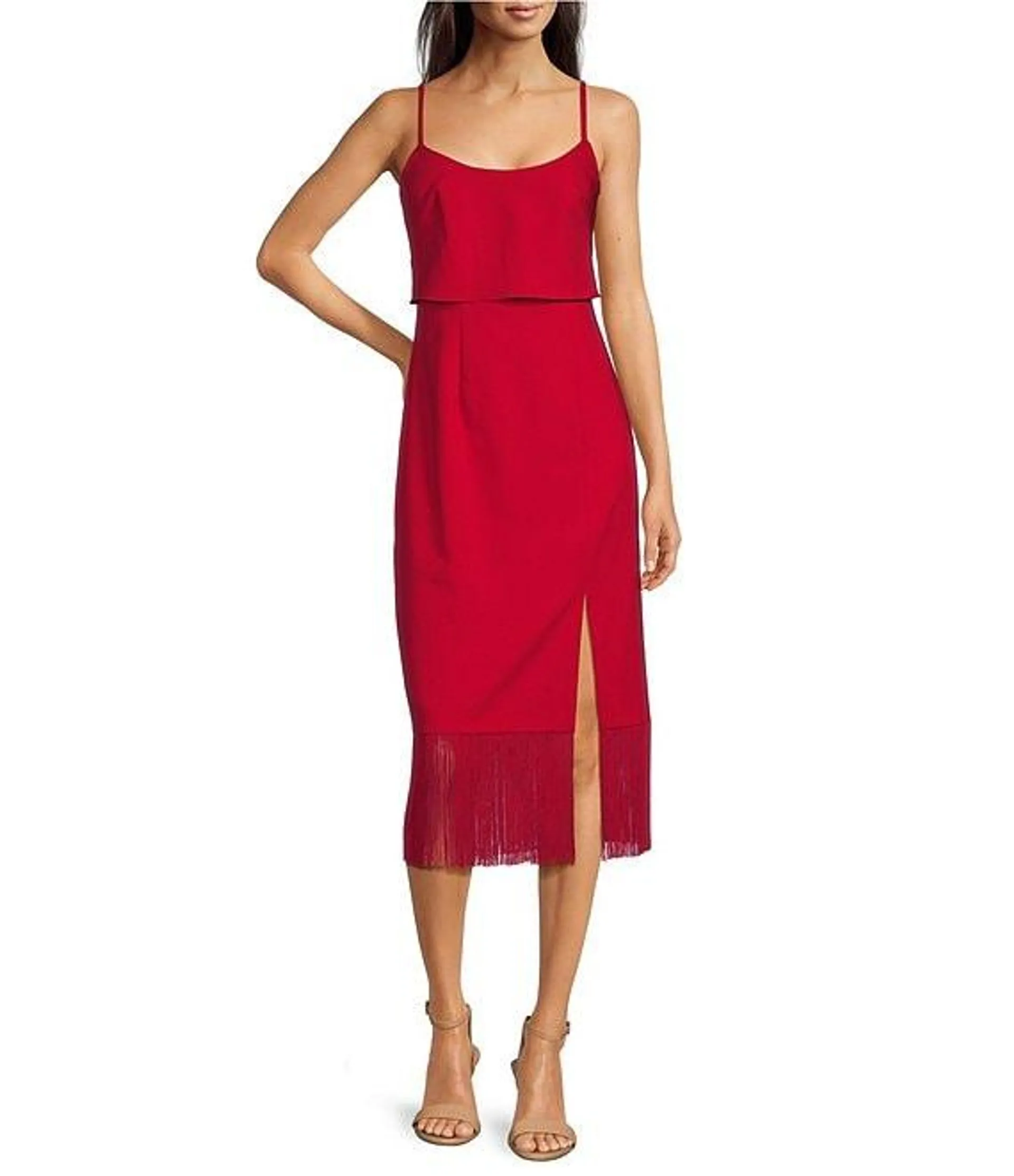 Adrianna by Adrianna Papell Stretch Crepe Scoop Neck Sleeveless Fringe Trim Dress